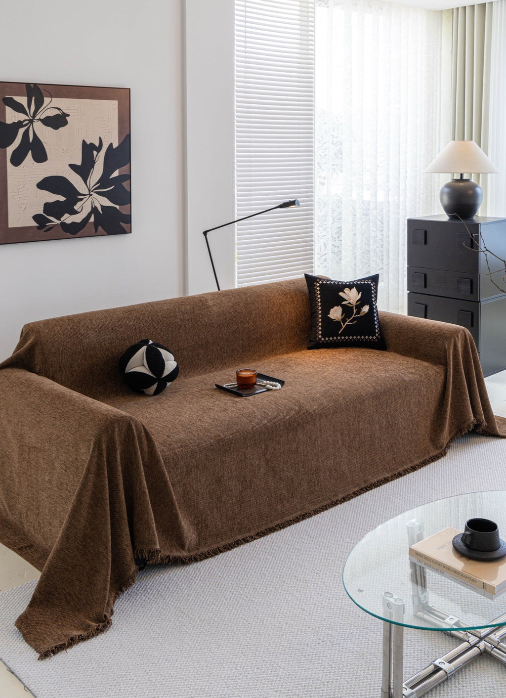 Decor Cedar Milano Ribbed Fringe Sofa Throw Cover in Cocoa Brown - ribbed sofa throw cover styled couch cover in United States, image 7