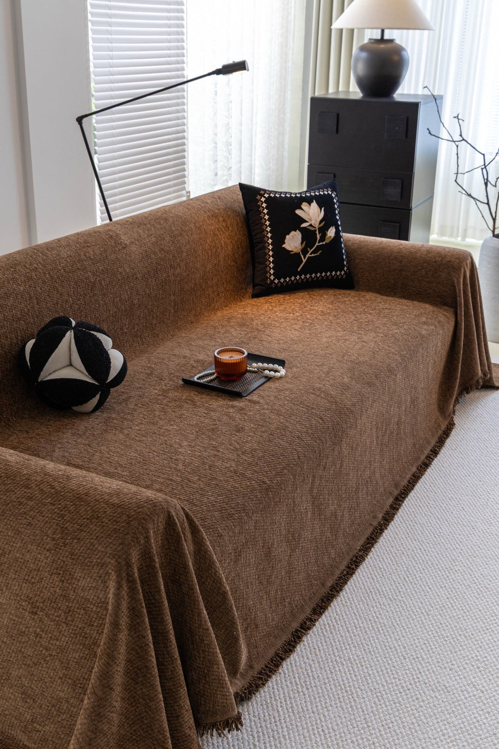 Decor Cedar Milano Ribbed Fringe Sofa Throw Cover in Cocoa Brown - ribbed sofa throw cover styled couch cover in United States, image 8