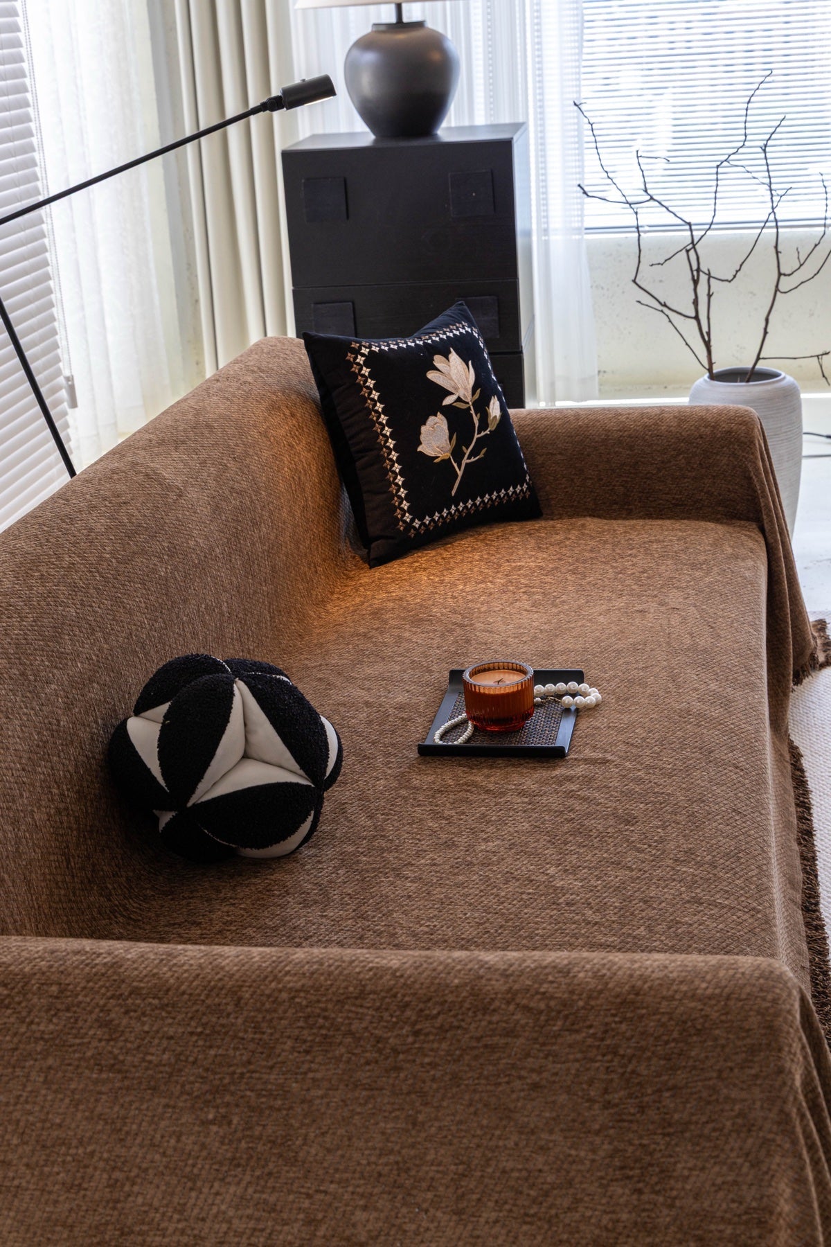 Decor Cedar Milano Ribbed Fringe Sofa Throw Cover in Cocoa Brown - ribbed sofa throw cover styled couch cover in United States, image 9