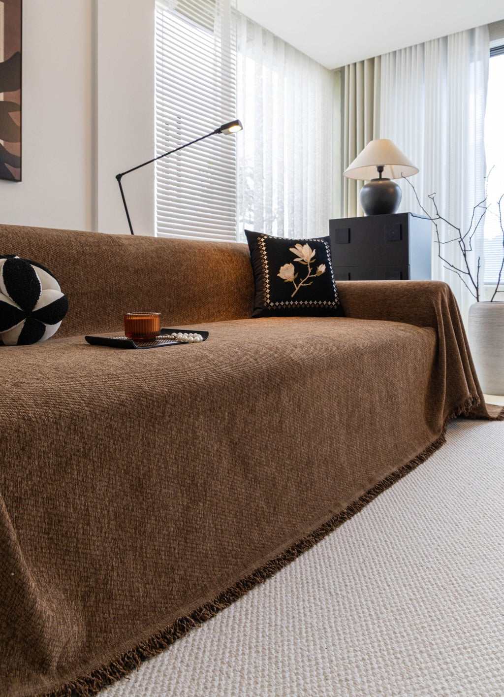 Decor Cedar Milano Ribbed Fringe Sofa Throw Cover in Cocoa Brown - ribbed sofa throw cover styled couch cover in United States, image 10