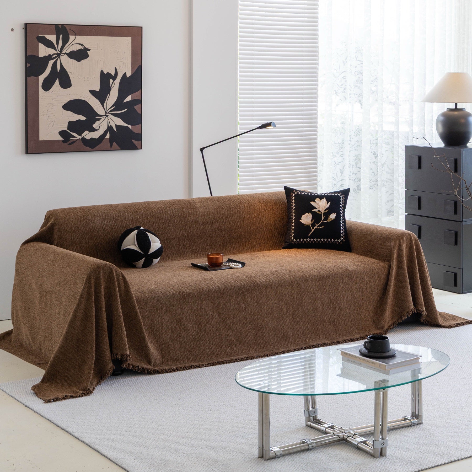 Decor Cedar Milano Ribbed Fringe Sofa Throw Cover in Cocoa Brown - ribbed sofa throw cover full sofa styling in United States, image 11