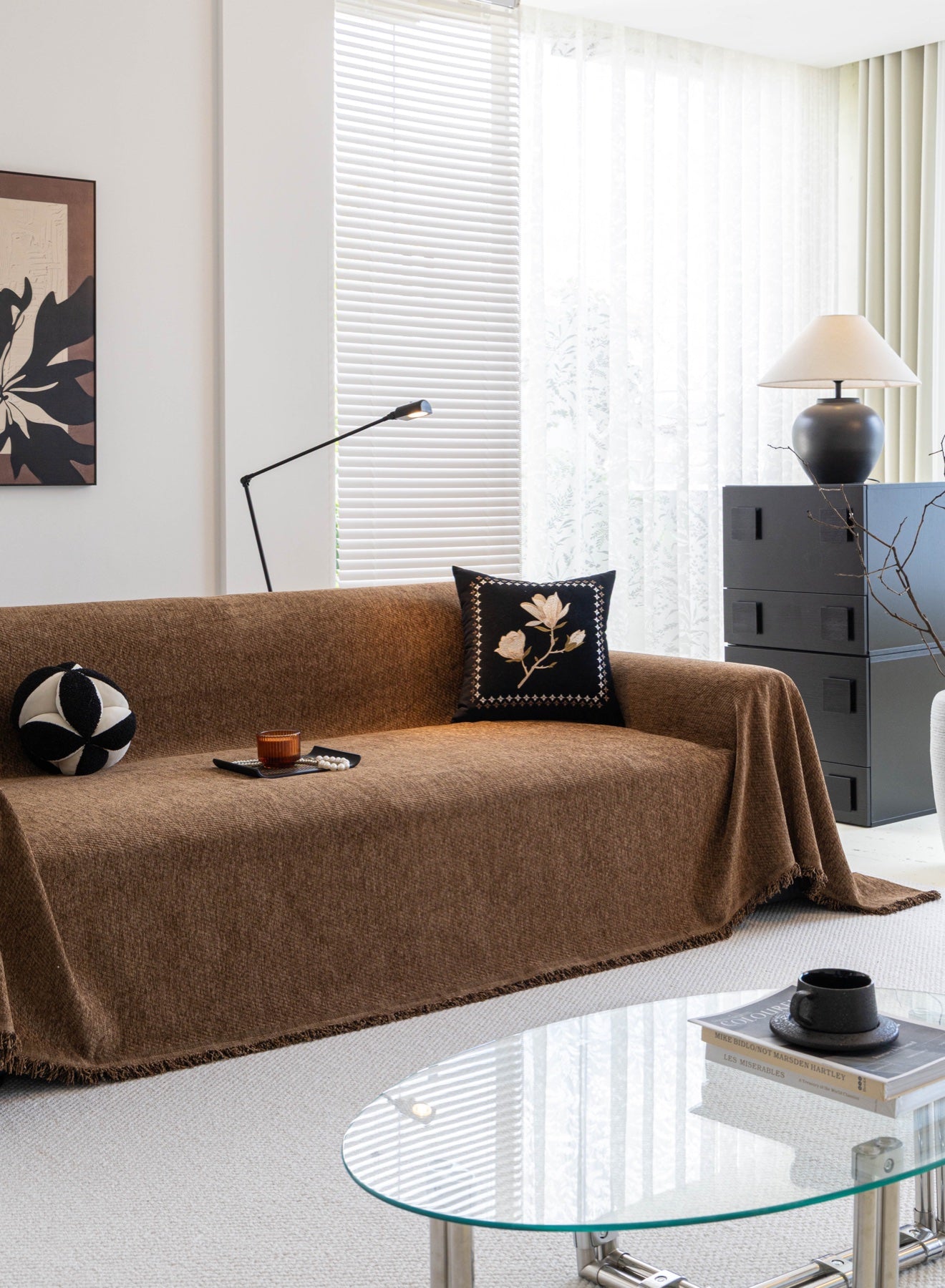 Decor Cedar Milano Ribbed Fringe Sofa Throw Cover in Cocoa Brown - ribbed sofa throw cover full sofa styling in United States, image 12