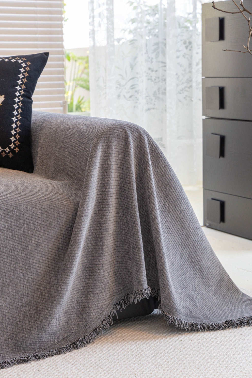 Decor Cedar Milano Ribbed Fringe Sofa Throw Cover in Warm Greige - ribbed sofa throw cover styled couch cover in United States, image 13