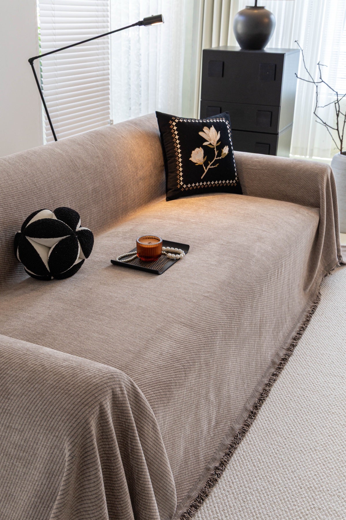 Decor Cedar Milano Ribbed Fringe Sofa Throw Cover in Warm Greige - ribbed sofa throw cover styled couch cover in United States, image 14