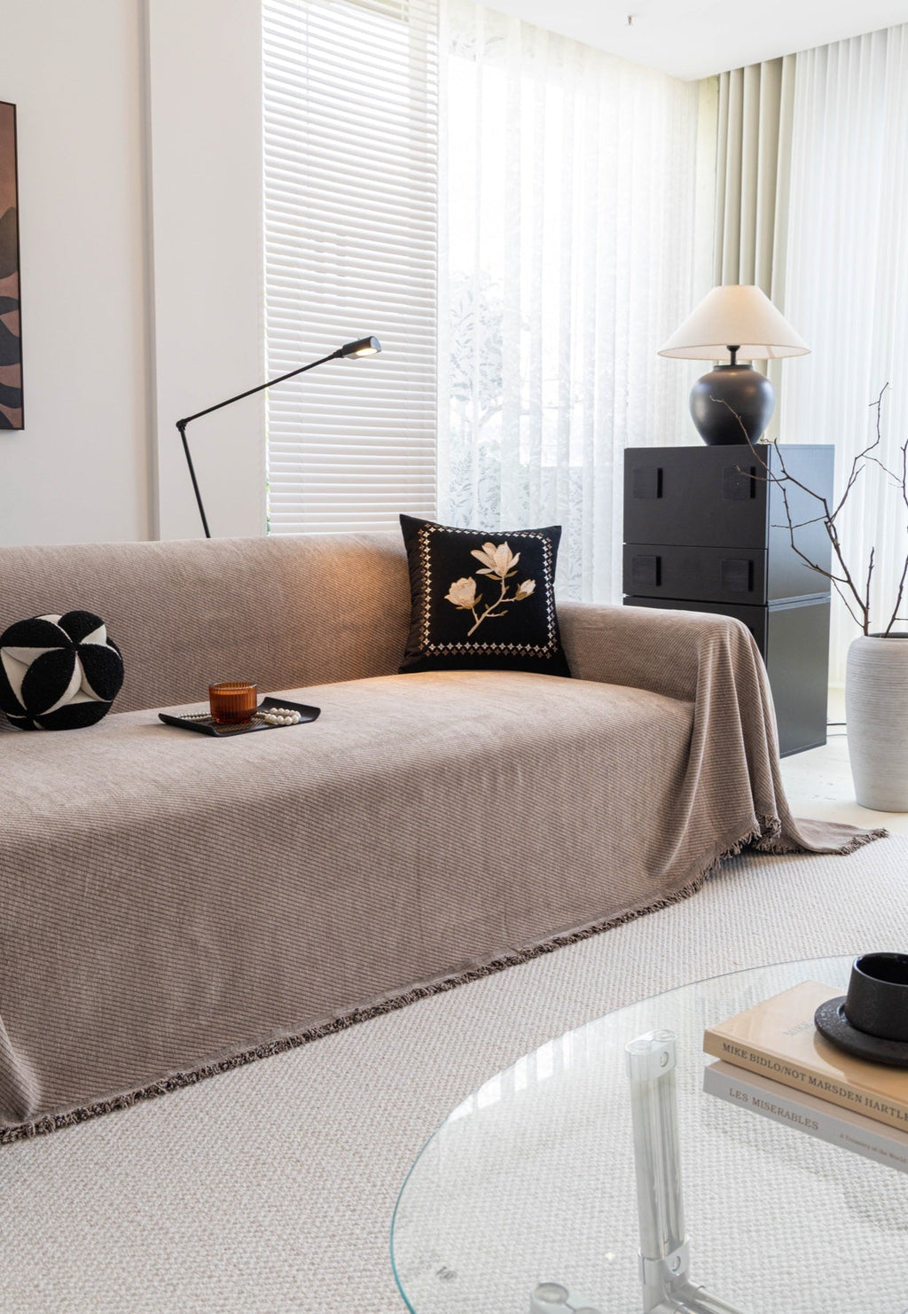 Decor Cedar Milano Ribbed Fringe Sofa Throw Cover in Warm Greige - ribbed sofa throw cover styled couch cover in United States, image 16