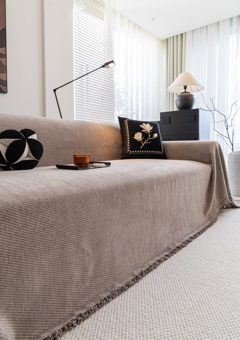 Decor Cedar Milano Ribbed Fringe Sofa Throw Cover in Warm Greige - ribbed sofa throw cover styled couch cover in United States, image 18