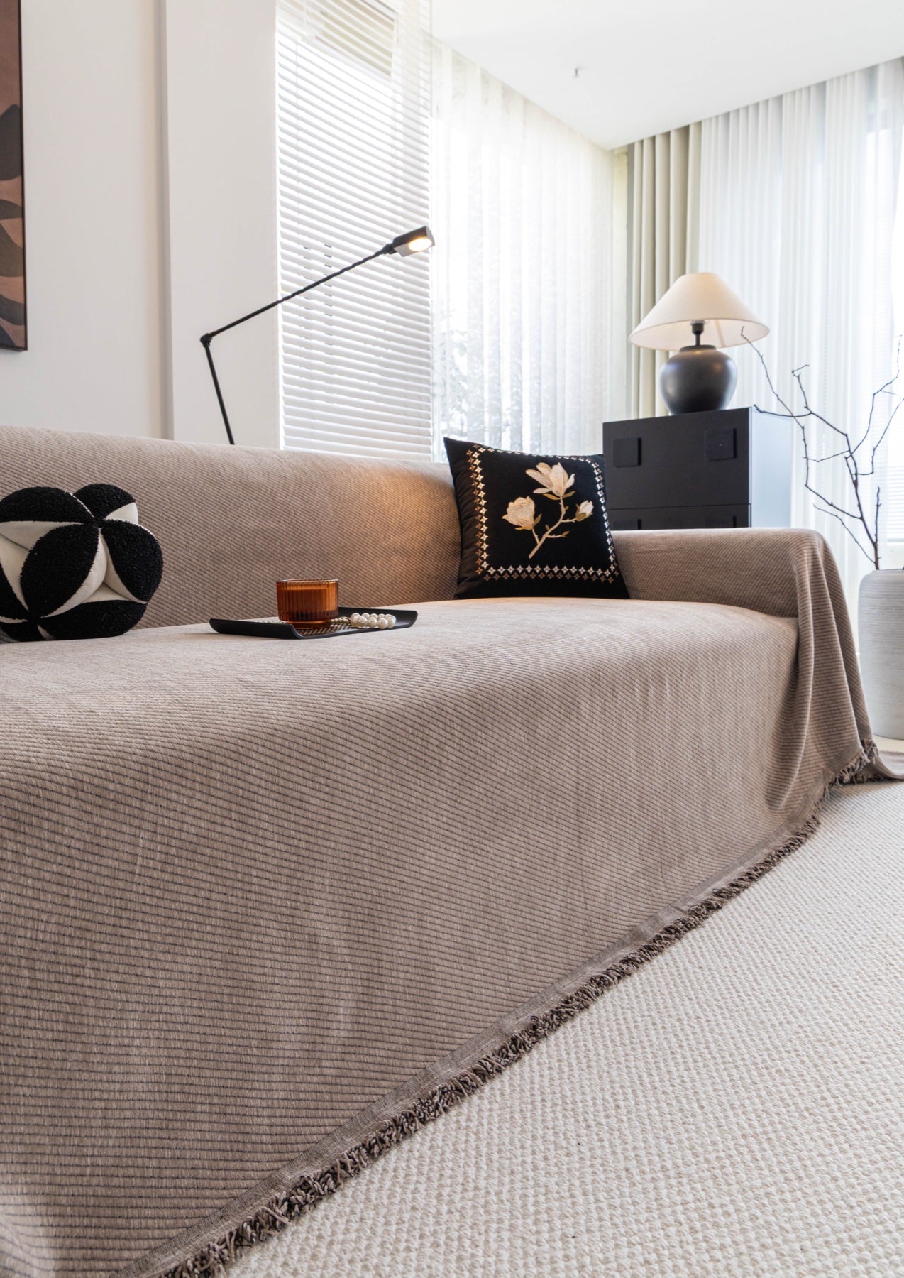 Decor Cedar Milano Ribbed Fringe Sofa Throw Cover in Warm Greige - ribbed sofa throw cover styled couch cover in United States, image 18