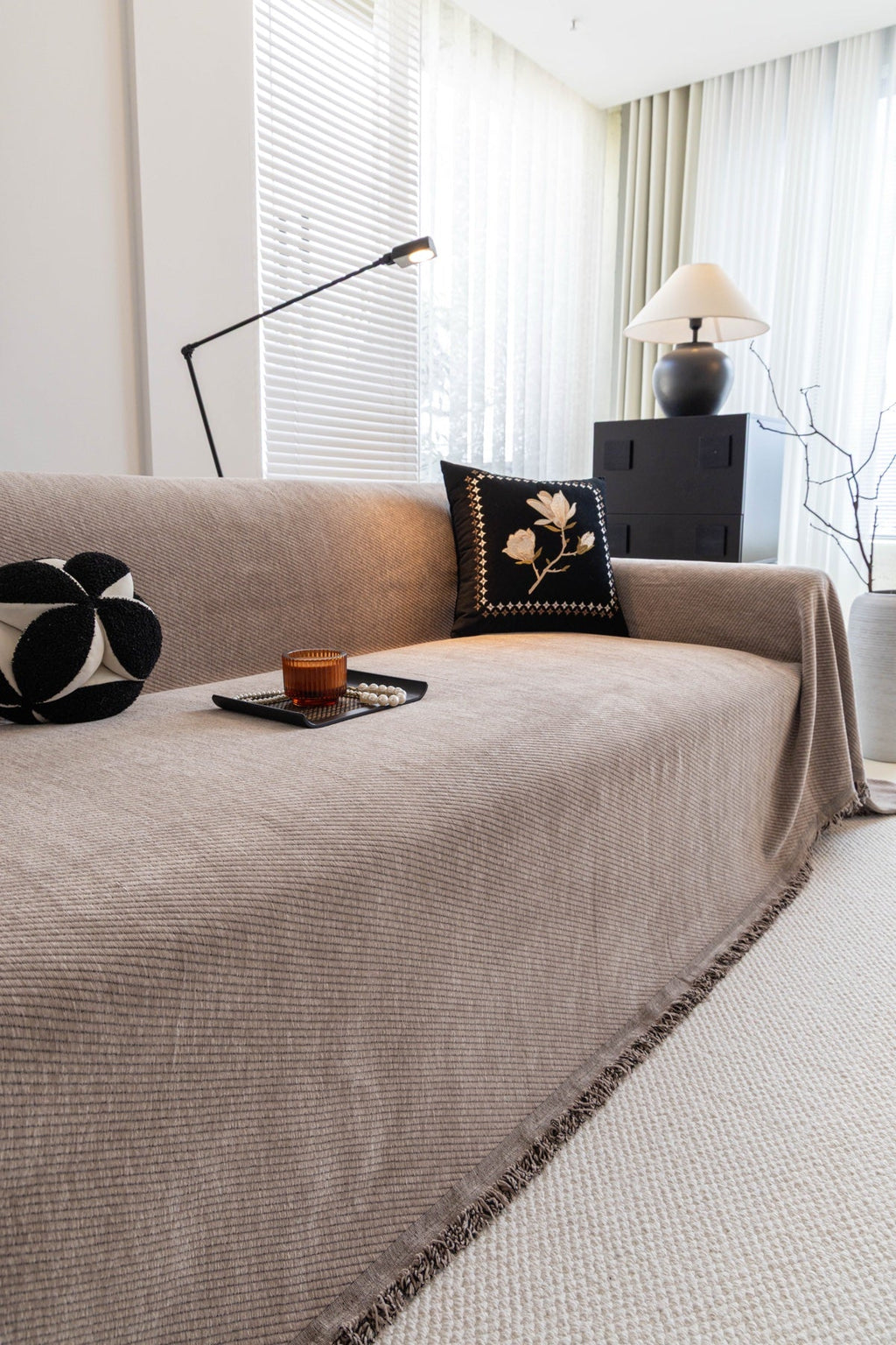 Decor Cedar Milano Ribbed Fringe Sofa Throw Cover in Warm Greige - ribbed sofa throw cover styled couch cover in United States, image 20