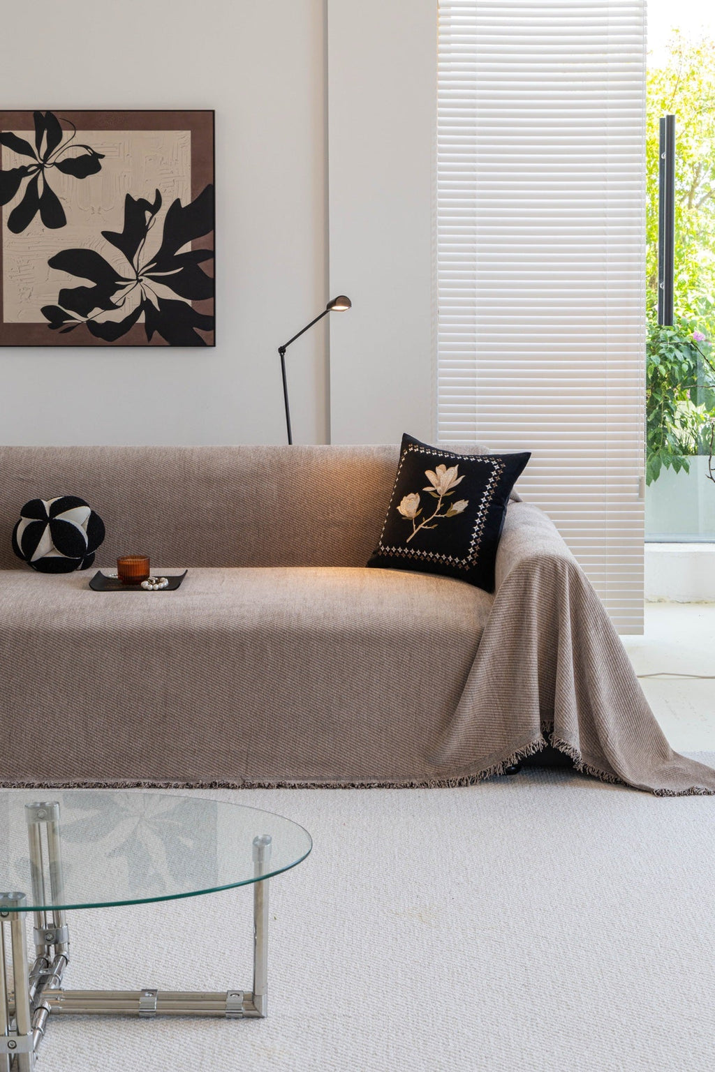 Decor Cedar Milano Ribbed Fringe Sofa Throw Cover in Warm Greige - ribbed sofa throw cover styled couch cover in United States, image 23