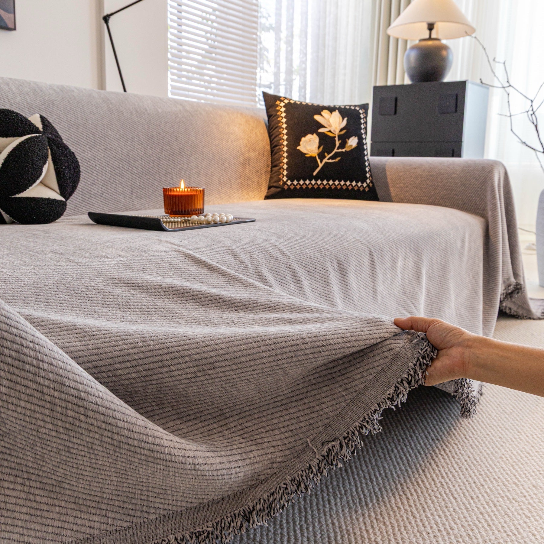 Decor Cedar Milano Ribbed Fringe Sofa Throw Cover in Warm Greige - ribbed sofa throw cover styled couch cover in United States, image 24