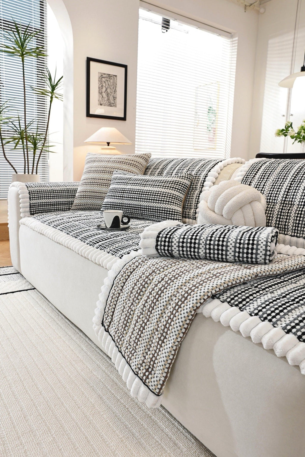 Decor Cedar Monaco Pom Edge Stripe Sofa Cover Piece - styled sofa fit view for striped pom edge sofa cover pieces in United States, image 7