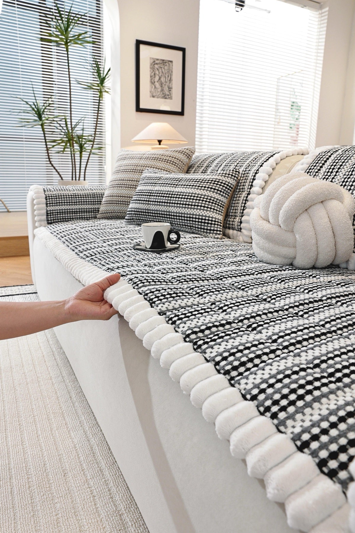 Decor Cedar Monaco Pom Edge Stripe Sofa Cover Piece - pom edge close fit view for striped pom edge sofa cover pieces in United States, image 8