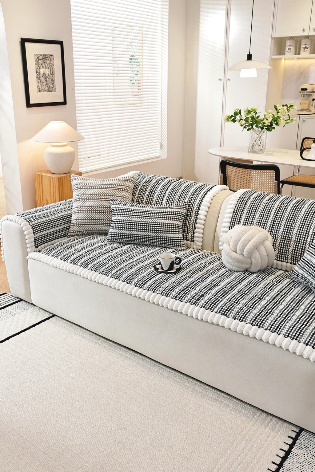 Decor Cedar Monaco Pom Edge Stripe Sofa Cover Piece - styled sofa fit view for striped pom edge sofa cover pieces in United States, image 5
