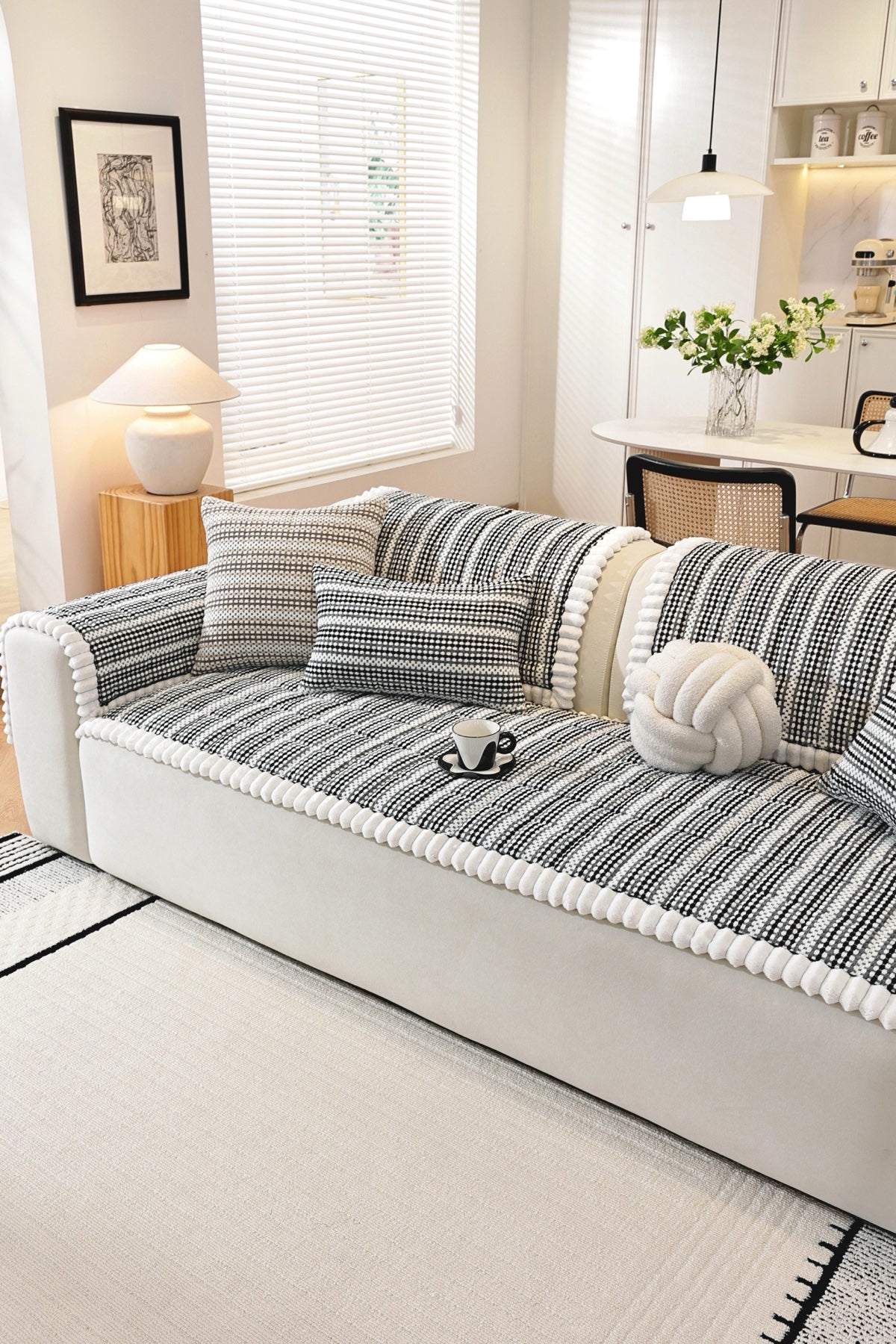 Decor Cedar Monaco Pom Edge Stripe Sofa Cover Piece - styled sofa fit view for striped pom edge sofa cover pieces in United States, image 5