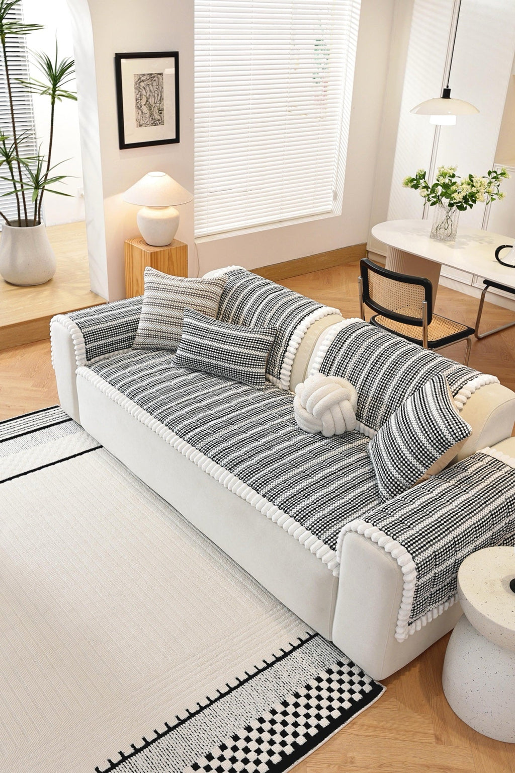 Decor Cedar Monaco Pom Edge Stripe Sofa Cover Piece - styled sofa fit view for striped pom edge sofa cover pieces in United States, image 6