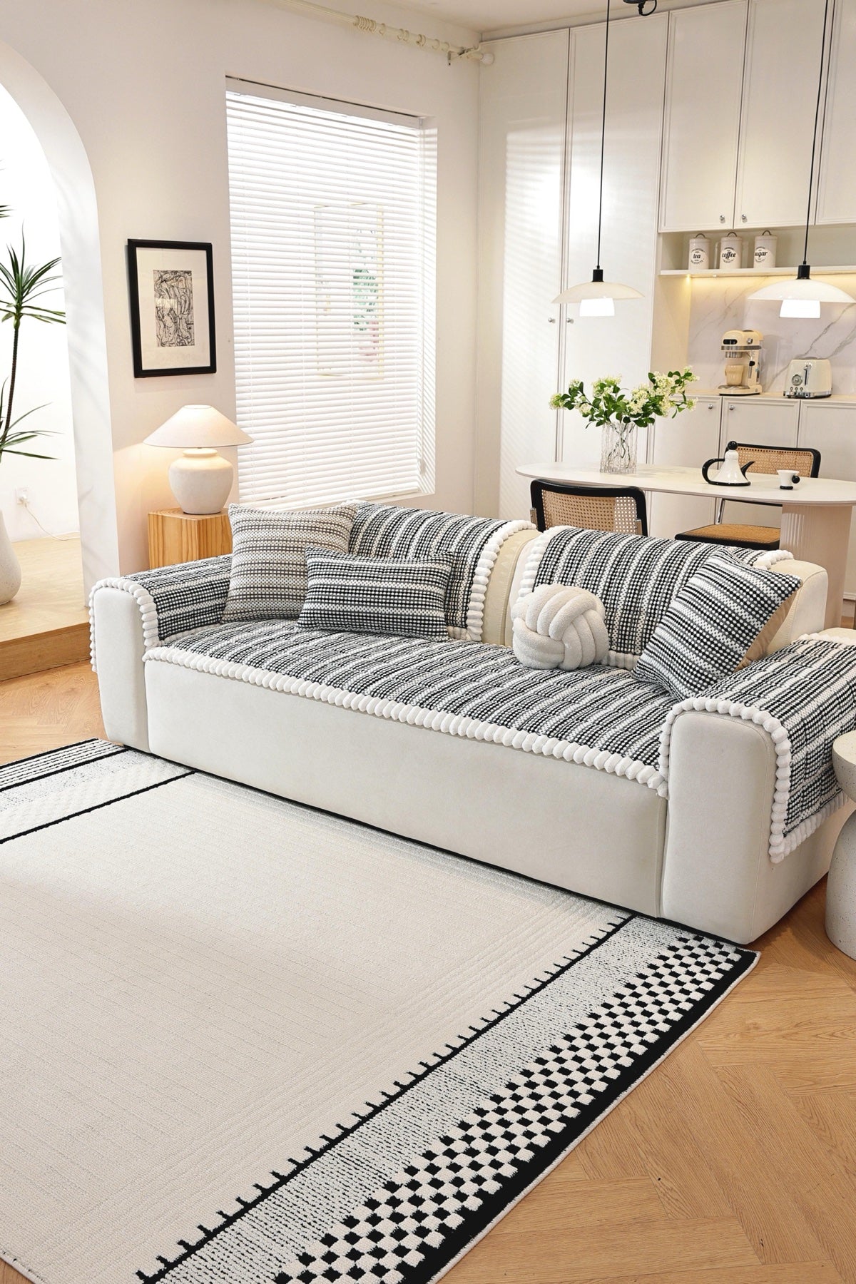 Decor Cedar Monaco Pom Edge Stripe Sofa Cover Piece pet-friendly sofa cover in United States - lifestyle fit detail 4