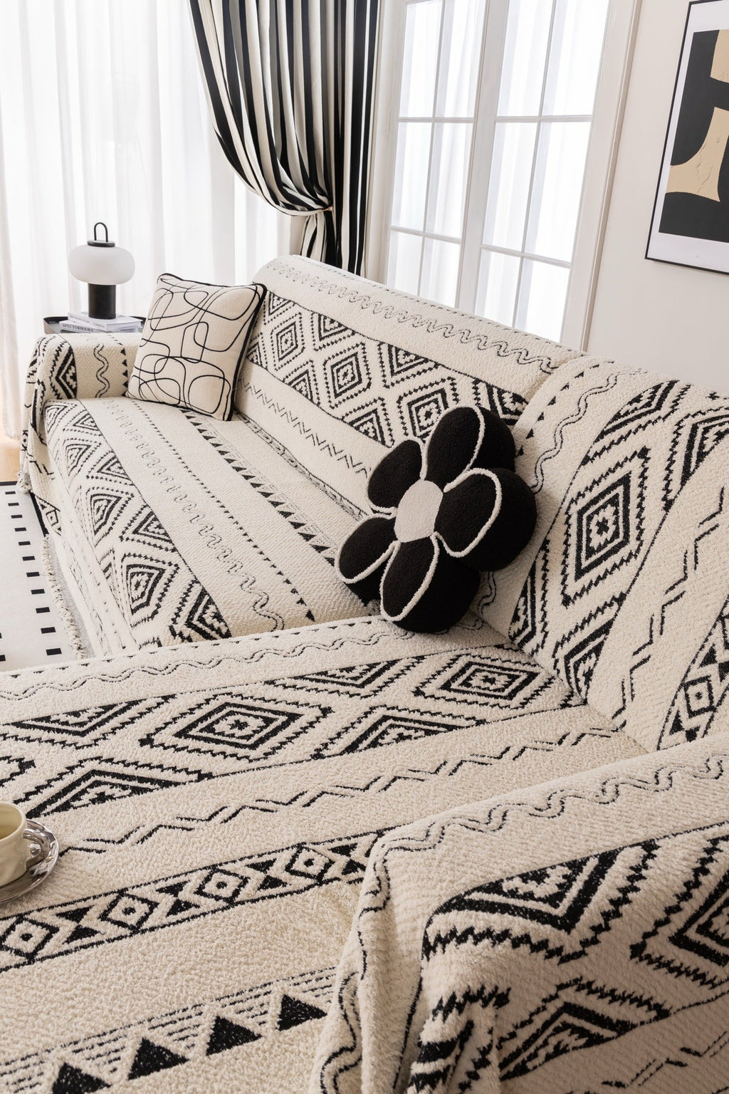 Decor Cedar Nala Geometric Plush Sofa Throw Cover in Ivory Black - geometric sofa throw cover styled couch cover in United States, image 5
