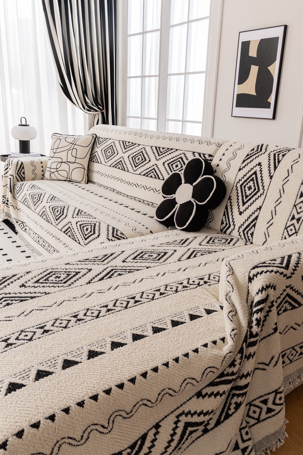Decor Cedar Nala Geometric Plush Sofa Throw Cover in Ivory Black - geometric sofa throw cover styled couch cover in United States, image 7