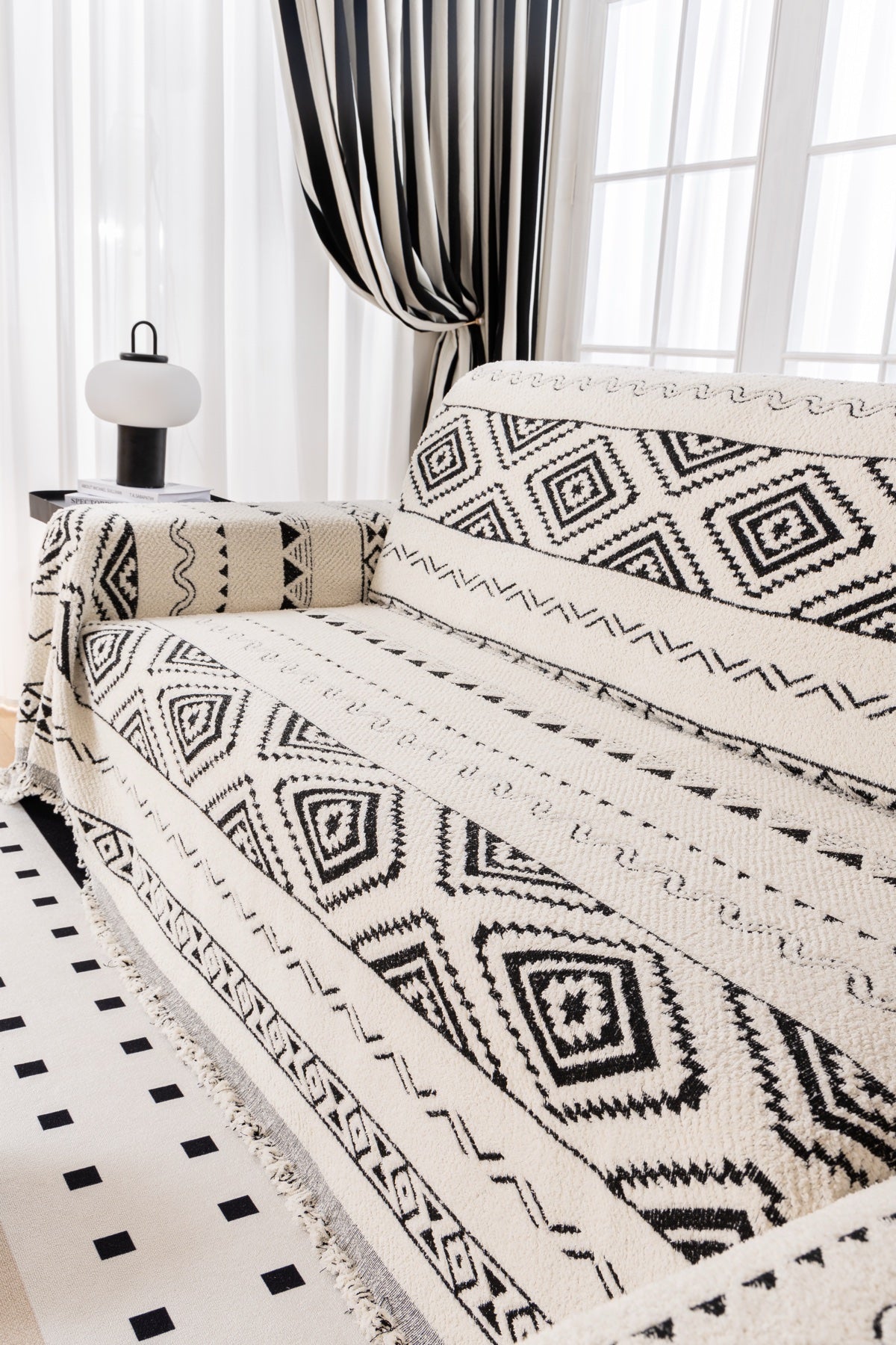 Decor Cedar Nala Geometric Plush Sofa Throw Cover in Ivory Black - geometric sofa throw cover styled couch cover in United States, image 8