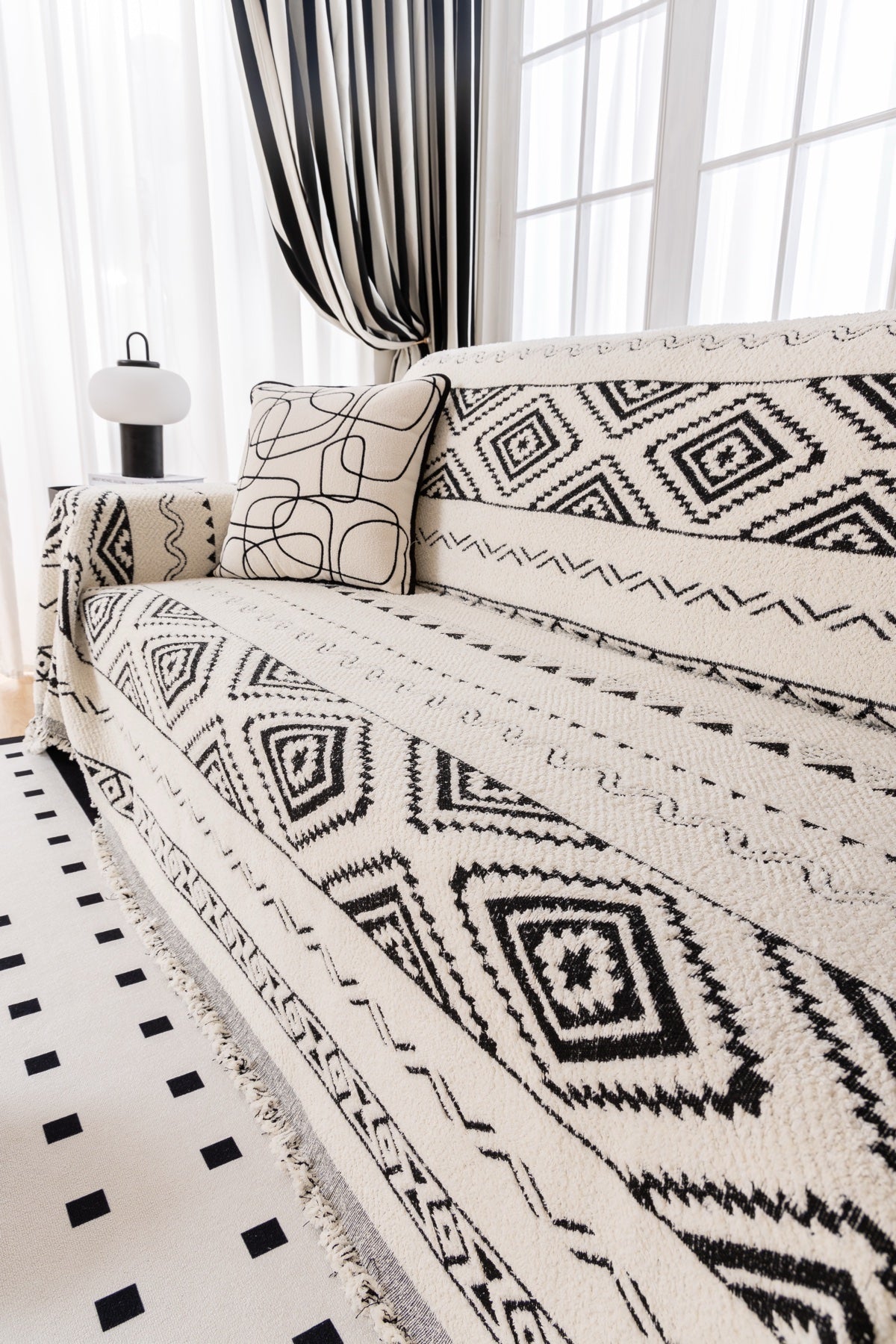 Decor Cedar Nala Geometric Plush Sofa Throw Cover in Ivory Black - geometric sofa throw cover styled couch cover in United States, image 9