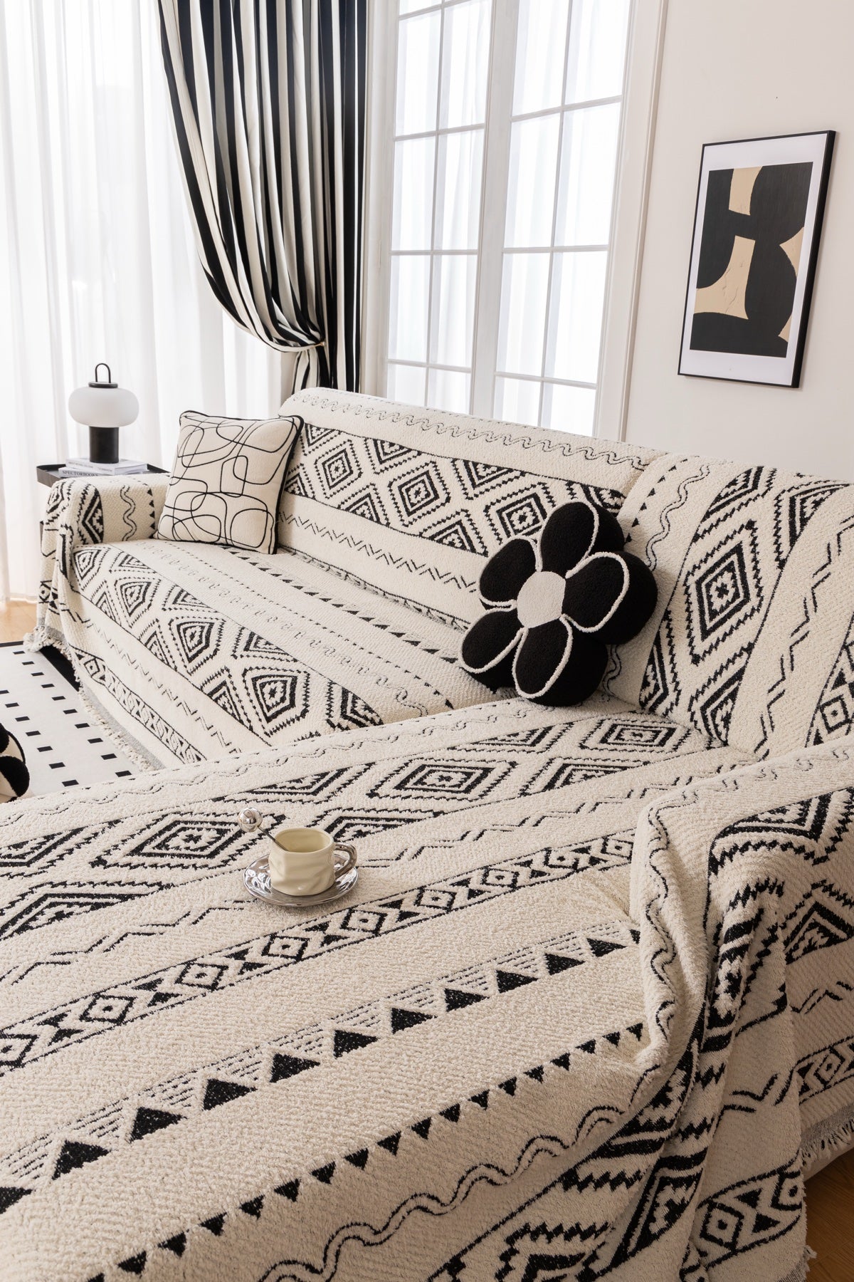 Decor Cedar Nala Geometric Plush Sofa Throw Cover in Ivory Black - geometric sofa throw cover styled couch cover in United States, image 10