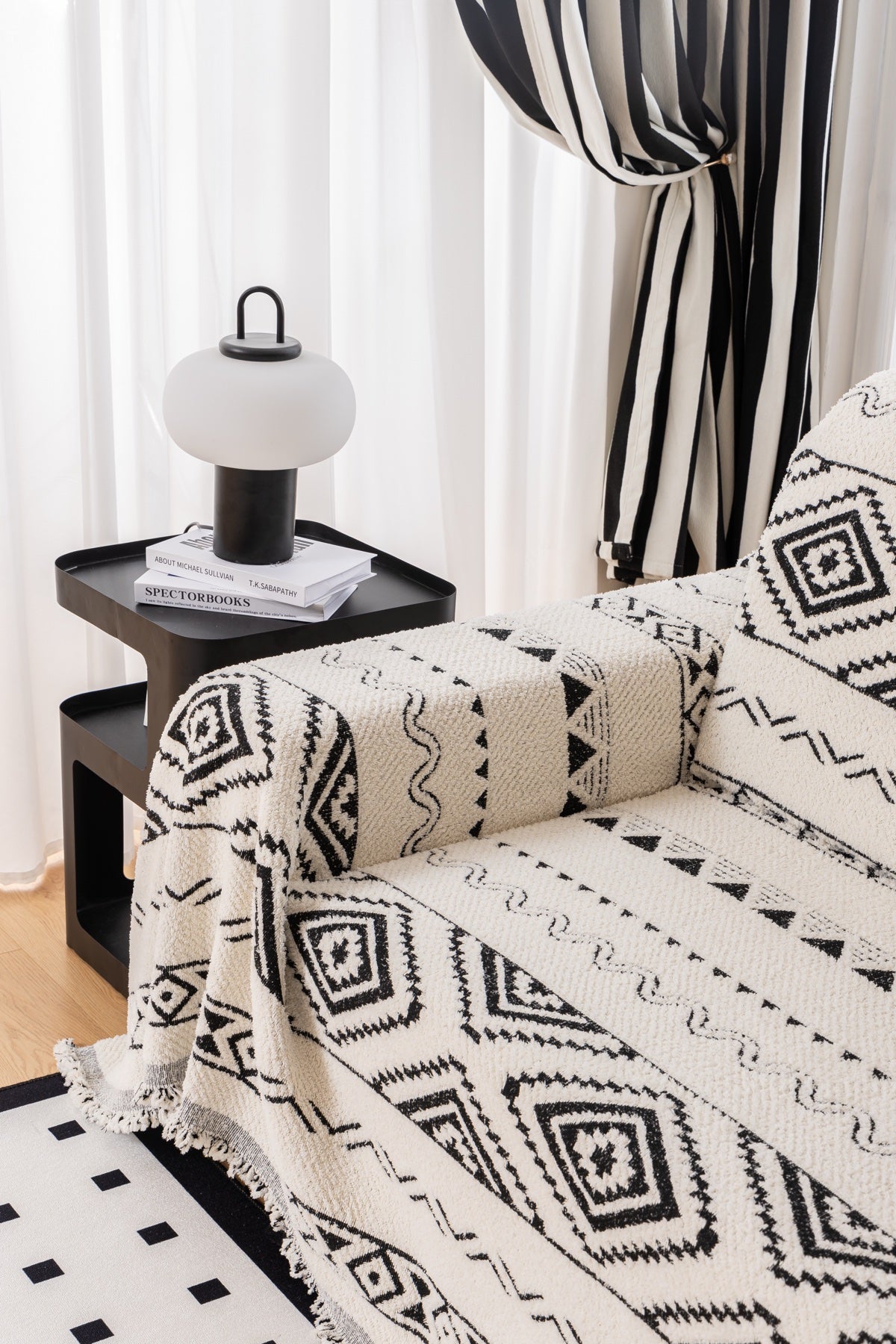 Decor Cedar Nala Geometric Plush Sofa Throw Cover in Ivory Black - geometric sofa throw cover styled couch cover in United States, image 11