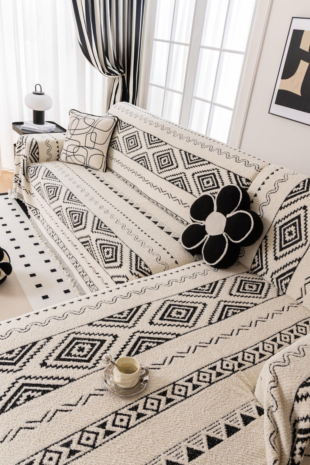 Decor Cedar Nala Geometric Plush Sofa Throw Cover in Ivory Black - geometric sofa throw cover styled couch cover in United States, image 12