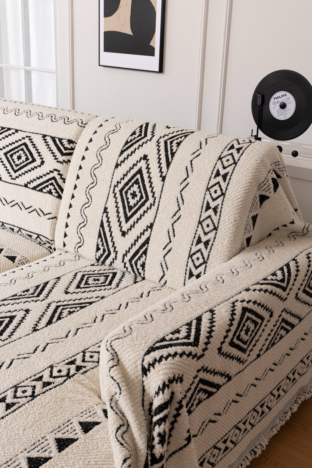 Decor Cedar Nala Geometric Plush Sofa Throw Cover in Ivory Black - geometric sofa throw cover styled couch cover in United States, image 13