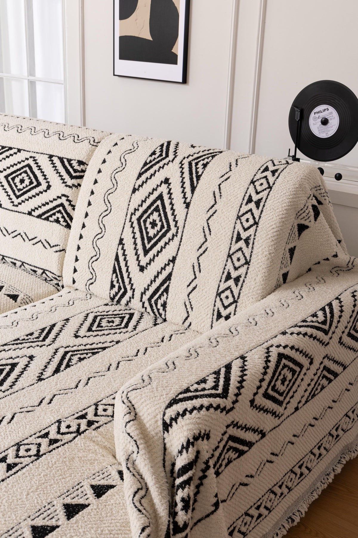 Decor Cedar Nala Geometric Plush Sofa Throw Cover in Ivory Black - geometric sofa throw cover styled couch cover in United States, image 13