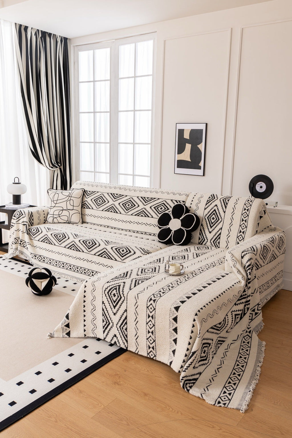 Decor Cedar Nala Geometric Plush Sofa Throw Cover in Ivory Black - geometric sofa throw cover styled couch cover in United States, image 14