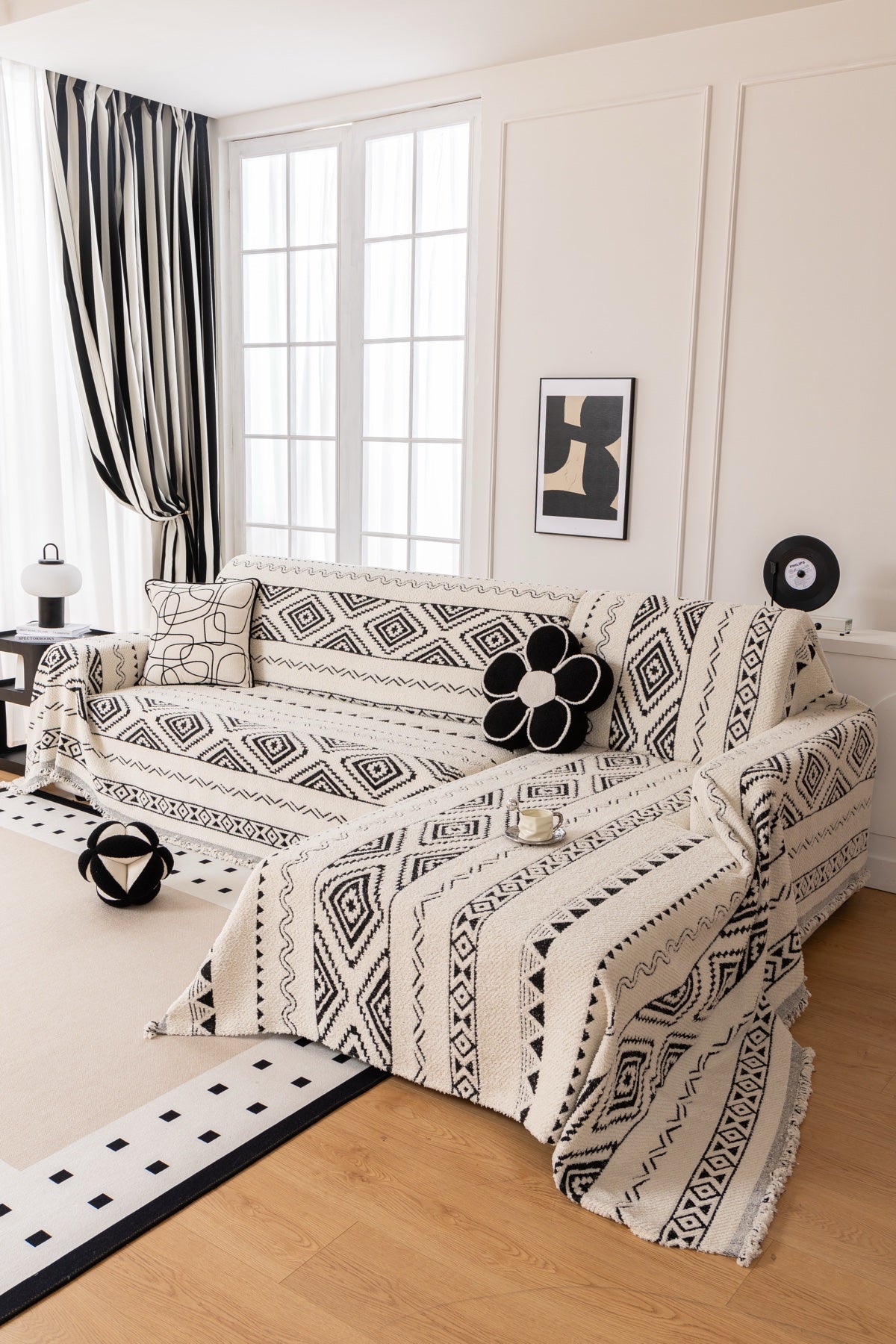 Decor Cedar Nala Geometric Plush Sofa Throw Cover in Ivory Black - geometric sofa throw cover styled couch cover in United States, image 14