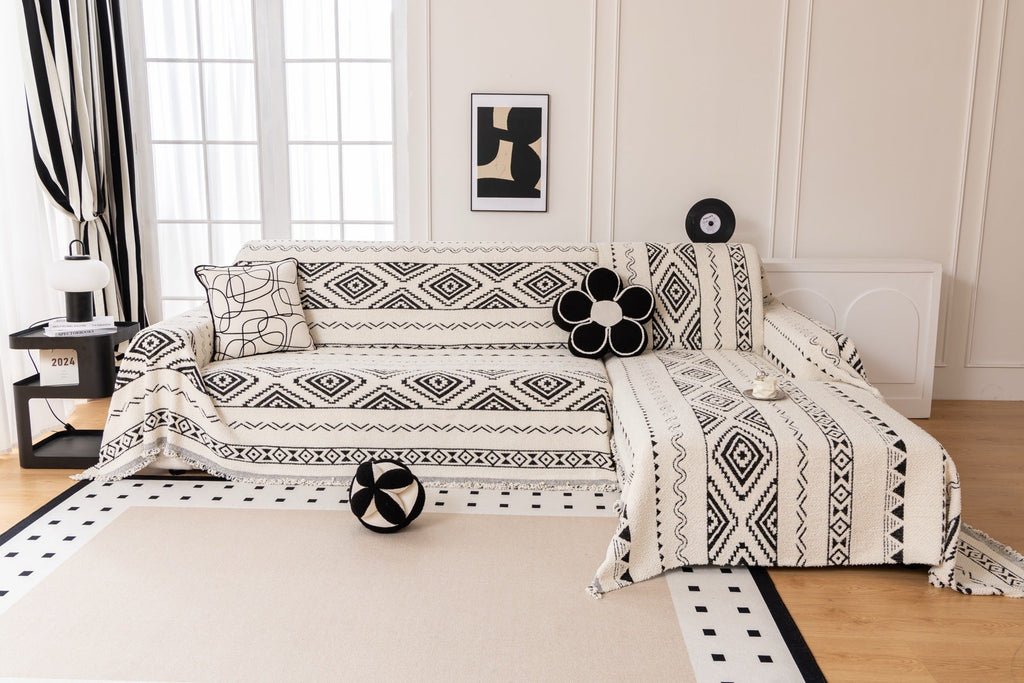 Decor Cedar Nala Geometric Plush Sofa Throw Cover in Ivory Black - geometric sofa throw cover full sofa styling in United States, image 15
