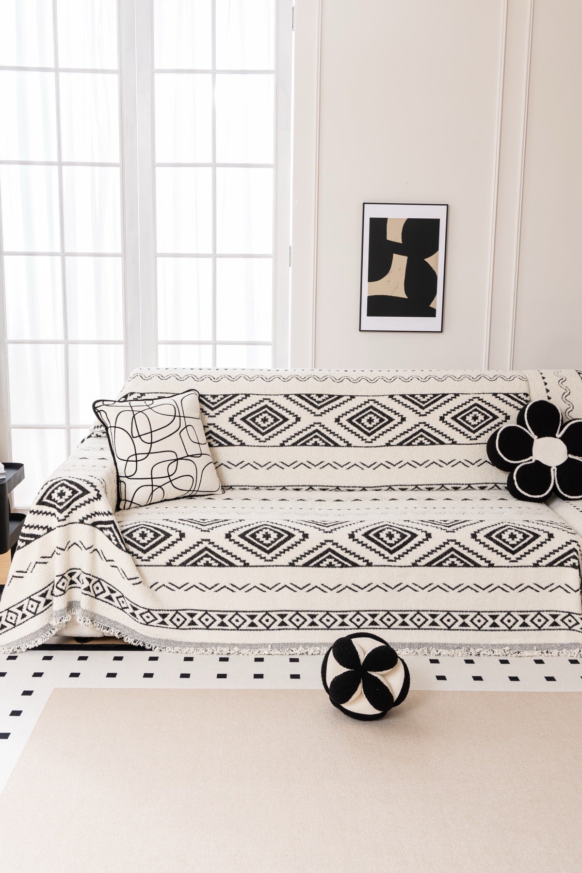 Decor Cedar Nala Geometric Plush Sofa Throw Cover in Ivory Black - geometric sofa throw cover full sofa styling in United States, image 16