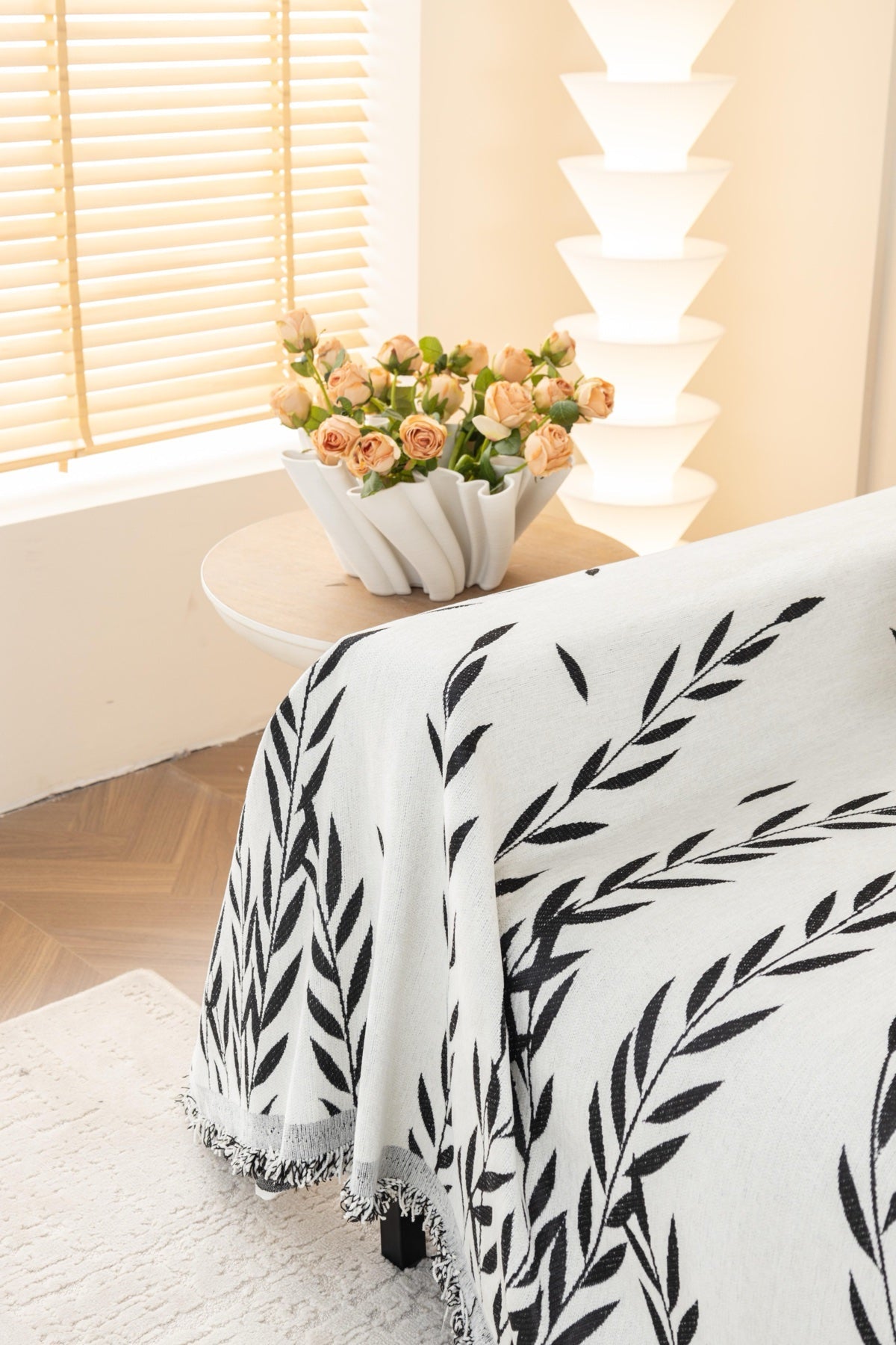 Decor Cedar Oliva Leaf Fringe Sofa Throw Cover in Black Leaf - leaf pattern sofa throw cover styled couch cover in United States, image 33
