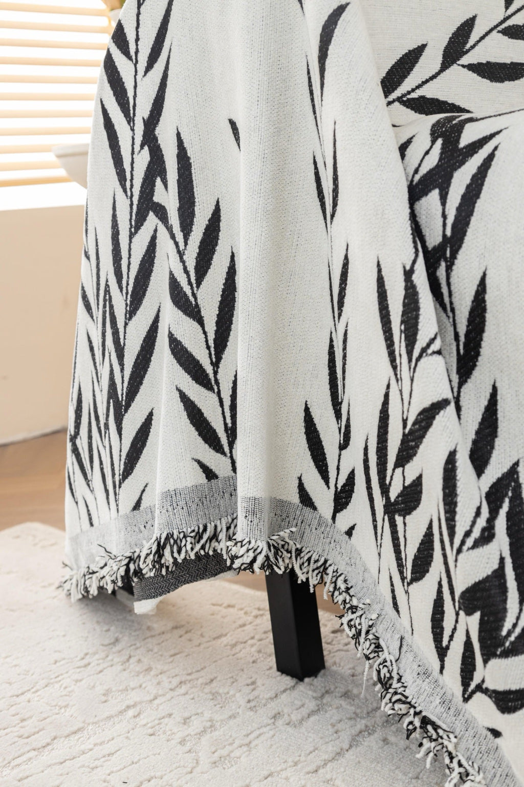 Decor Cedar Oliva Leaf Fringe Sofa Throw Cover in Black Leaf - leaf pattern sofa throw cover styled couch cover in United States, image 34