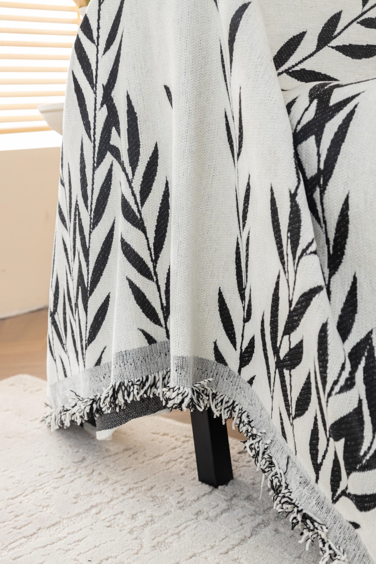 Decor Cedar Oliva Leaf Fringe Sofa Throw Cover in Black Leaf - leaf pattern sofa throw cover styled couch cover in United States, image 34
