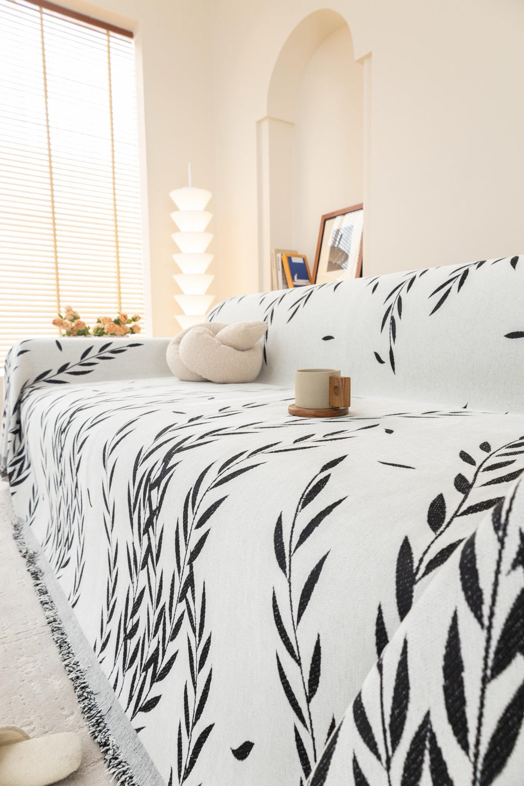 Decor Cedar Oliva Leaf Fringe Sofa Throw Cover in Black Leaf - leaf pattern sofa throw cover styled couch cover in United States, image 35