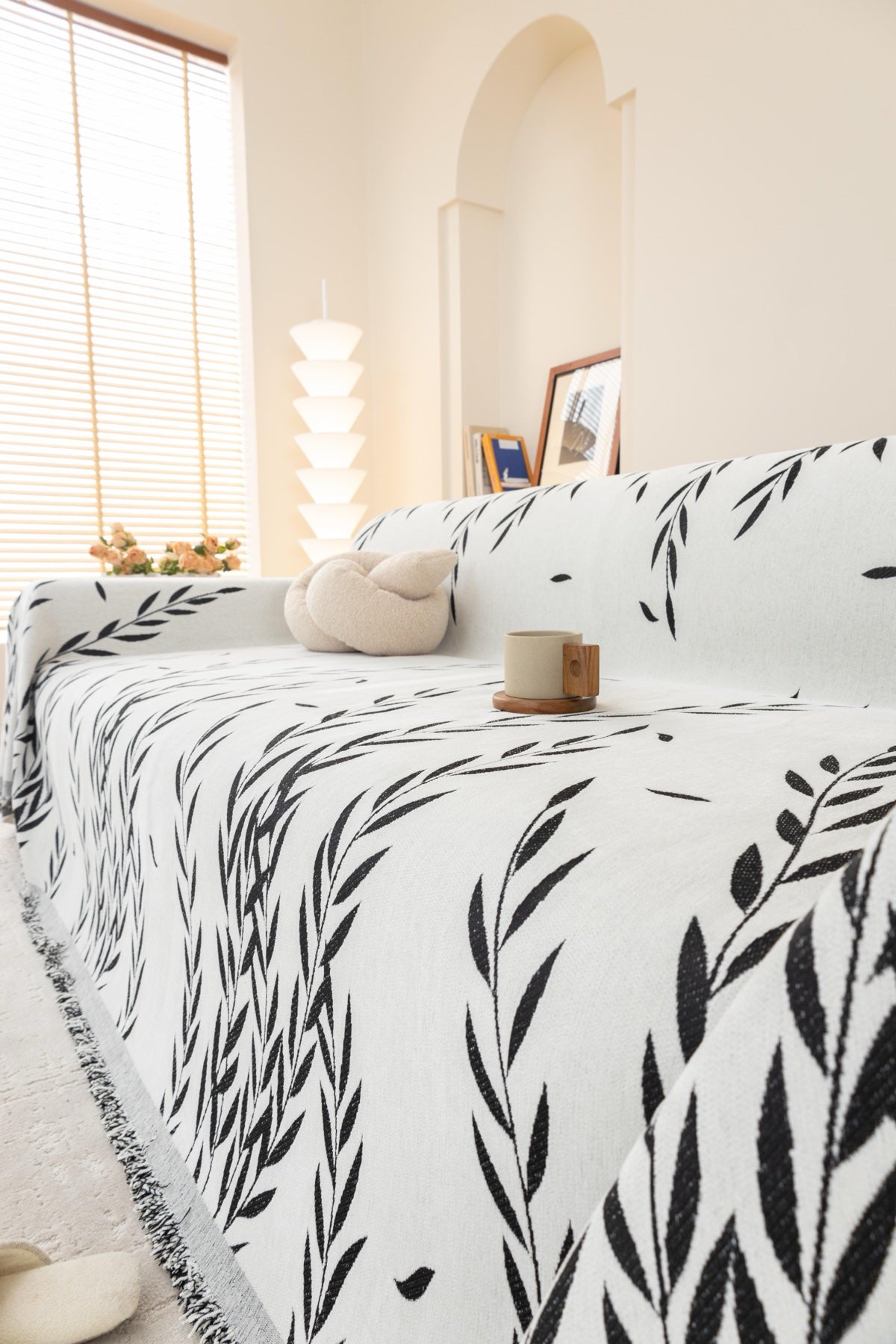 Decor Cedar Oliva Leaf Fringe Sofa Throw Cover in Black Leaf - leaf pattern sofa throw cover styled couch cover in United States, image 35
