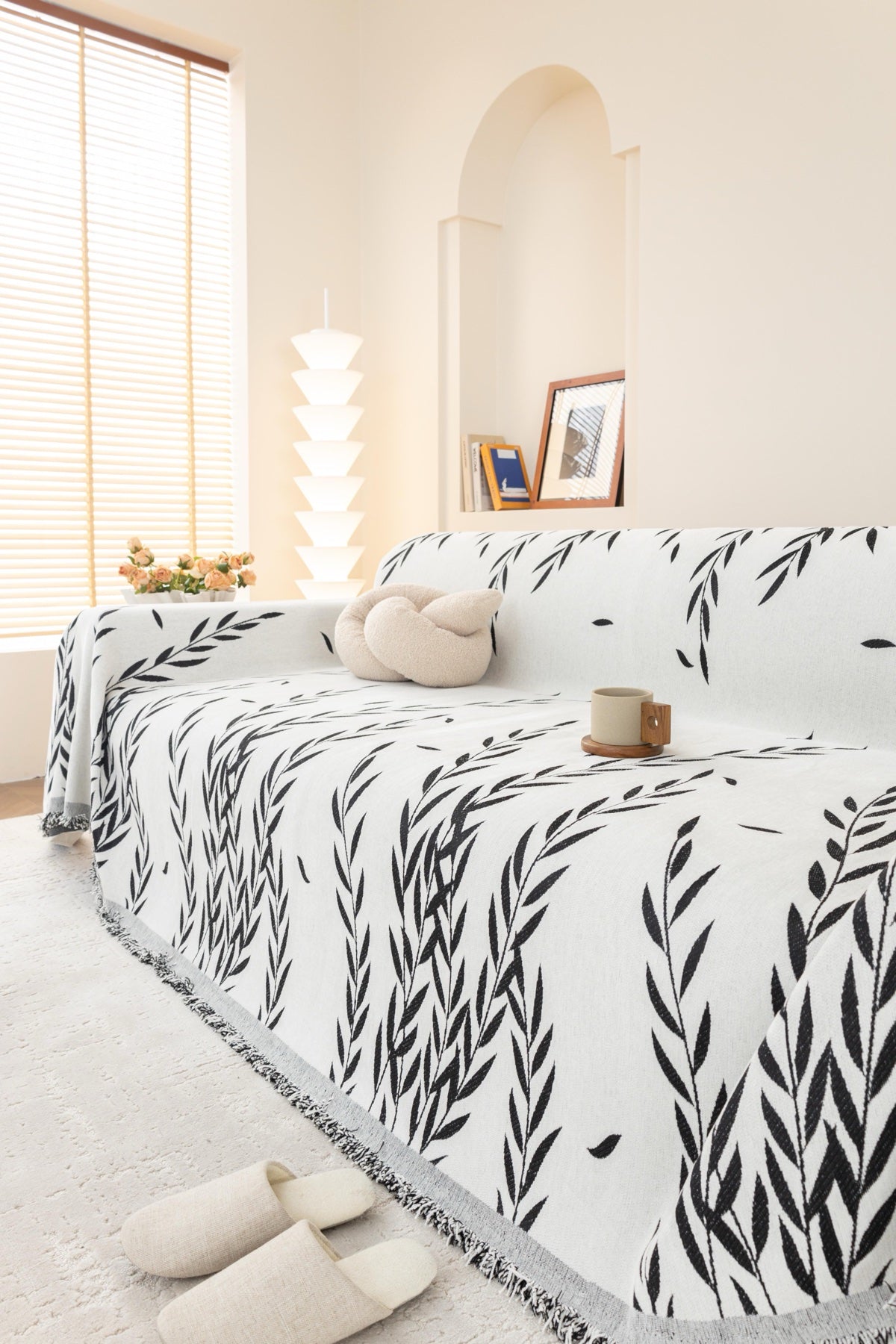 Decor Cedar Oliva Leaf Fringe Sofa Throw Cover in Black Leaf - leaf pattern sofa throw cover styled couch cover in United States, image 36