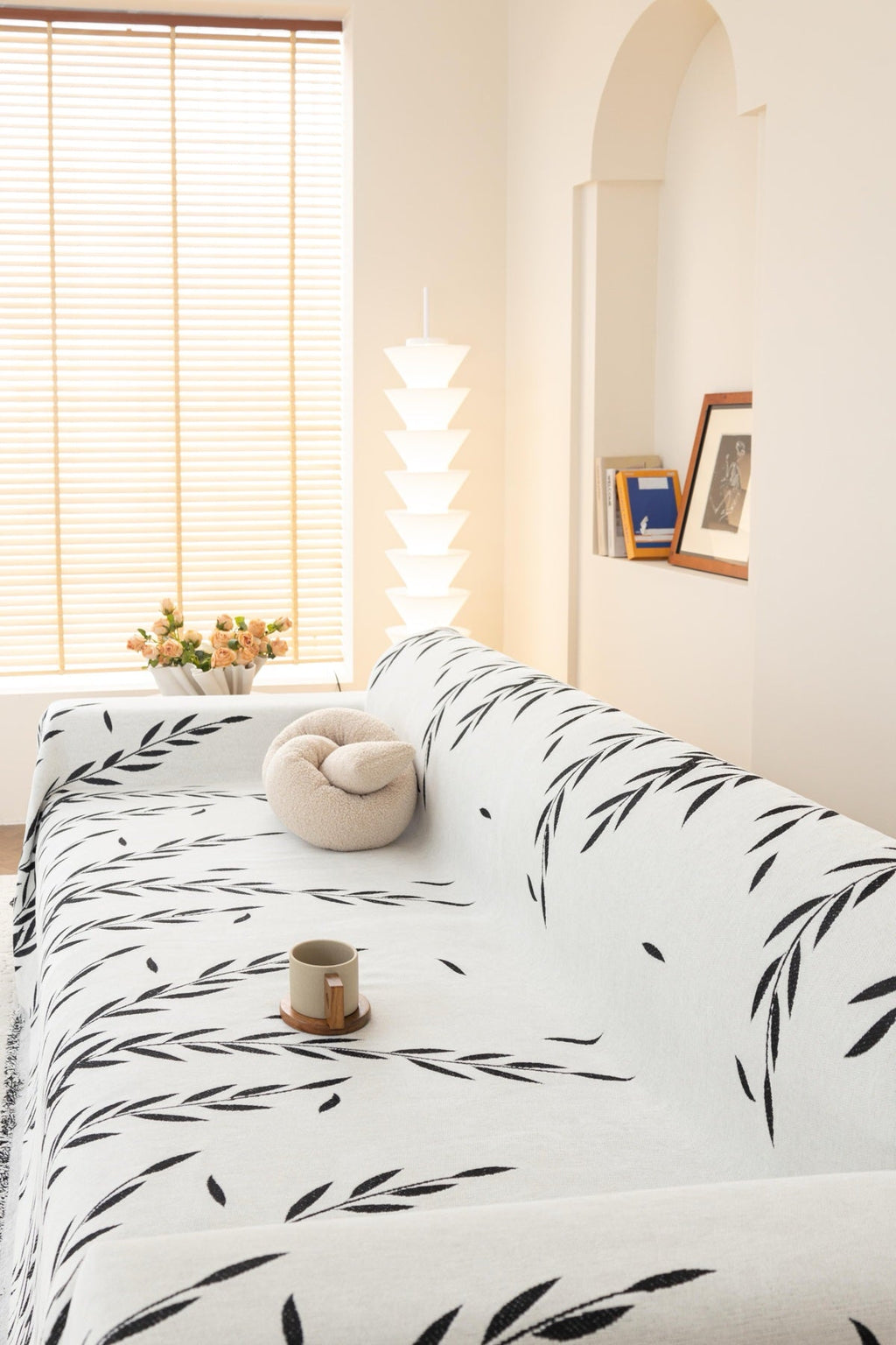 Decor Cedar Oliva Leaf Fringe Sofa Throw Cover in Black Leaf - leaf pattern sofa throw cover styled couch cover in United States, image 38