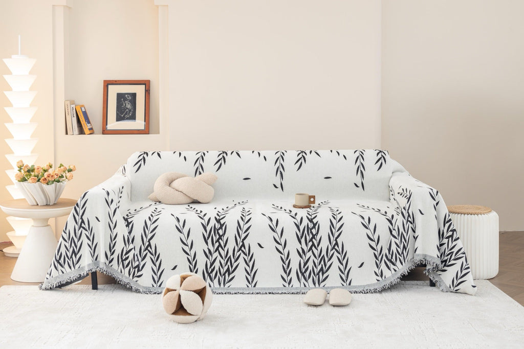 Decor Cedar Oliva Leaf Fringe Sofa Throw Cover in Black Leaf - leaf pattern sofa throw cover full sofa styling in United States, image 41