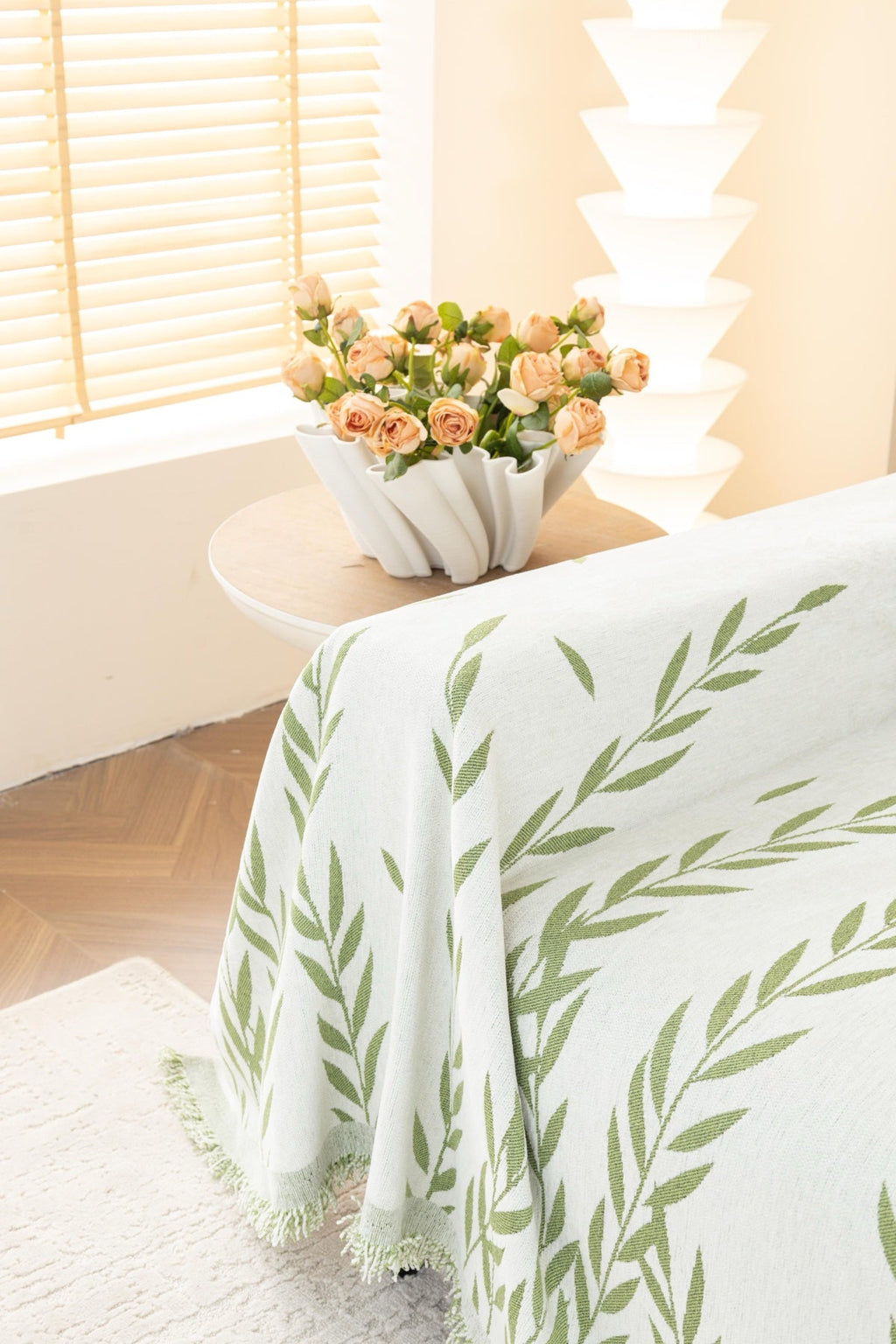 Decor Cedar Oliva Leaf Fringe Sofa Throw Cover in Sage Leaf - leaf pattern sofa throw cover styled couch cover in United States, image 6