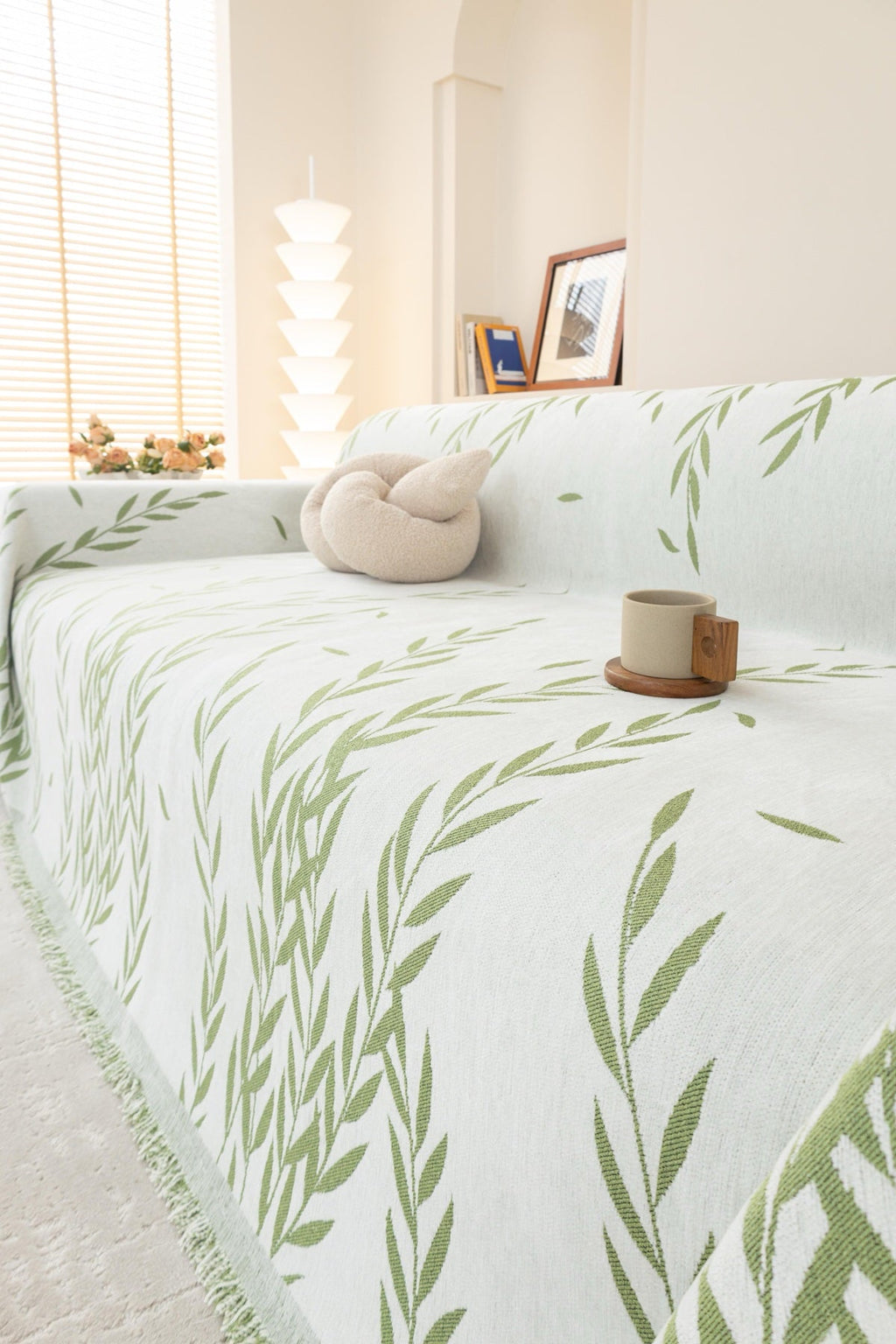 Decor Cedar Oliva Leaf Fringe Sofa Throw Cover in Sage Leaf - leaf pattern sofa throw cover styled couch cover in United States, image 7