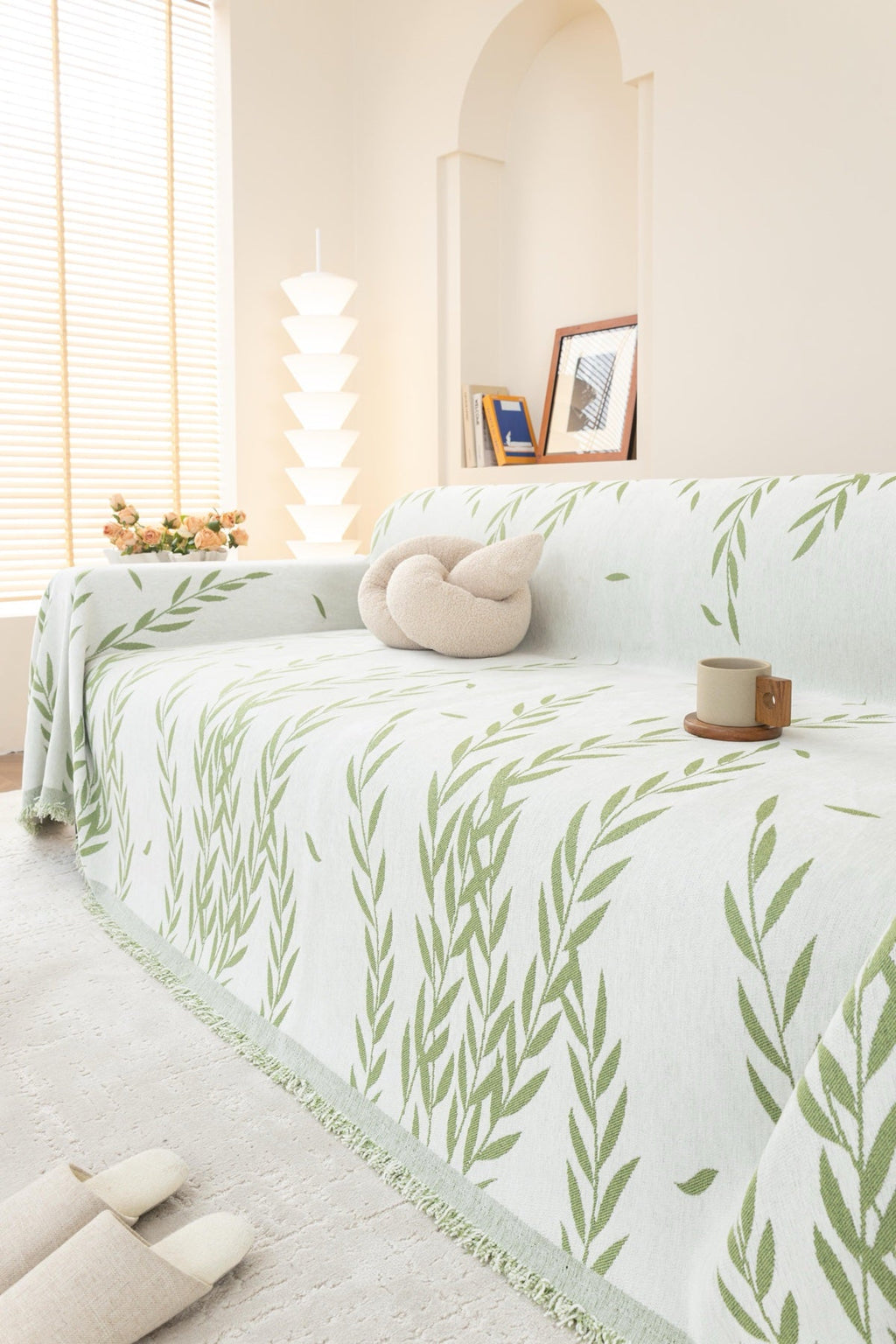 Decor Cedar Oliva Leaf Fringe Sofa Throw Cover in Sage Leaf - leaf pattern sofa throw cover styled couch cover in United States, image 8