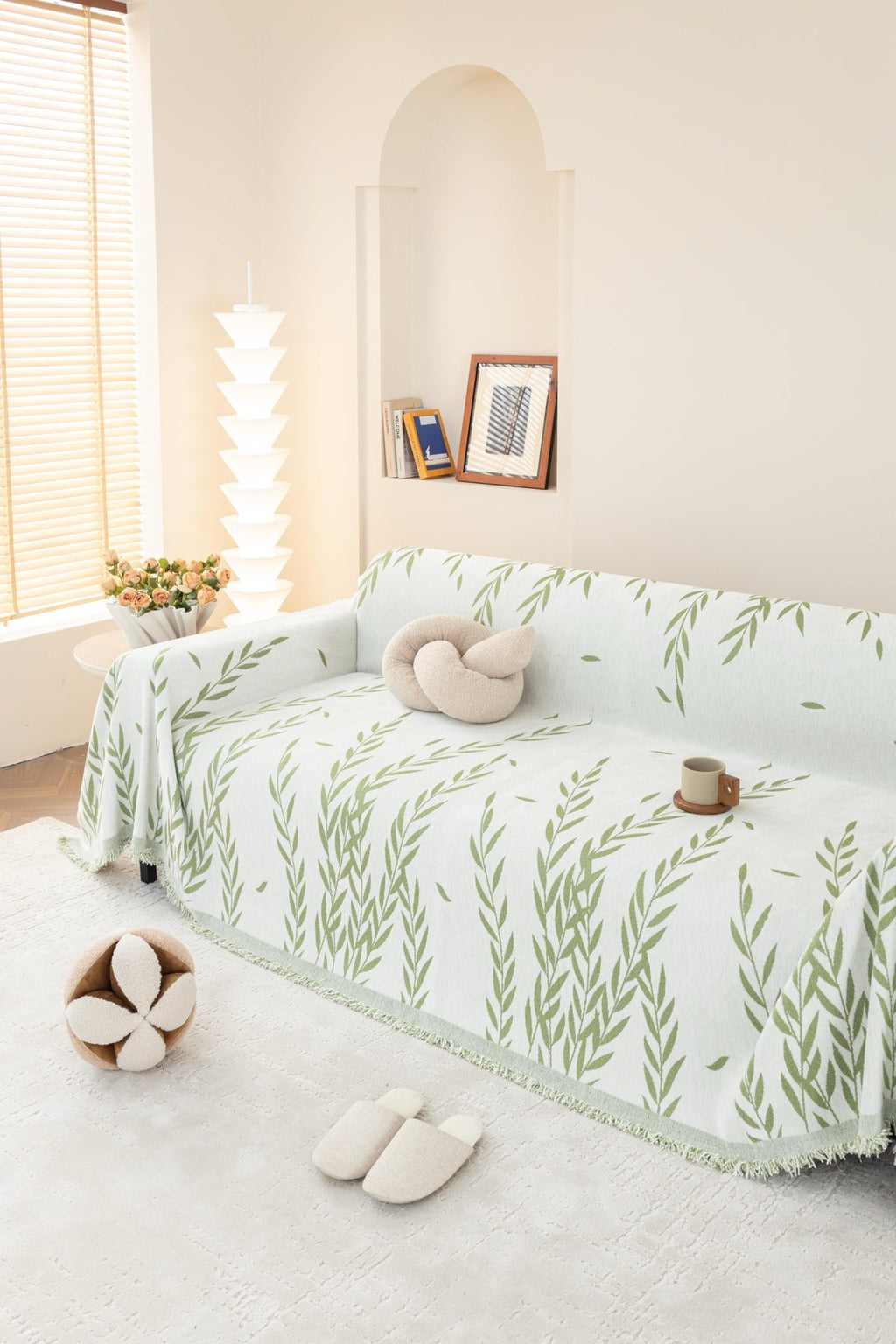 Decor Cedar Oliva Leaf Fringe Sofa Throw Cover in Sage Leaf - leaf pattern sofa throw cover styled couch cover in United States, image 9