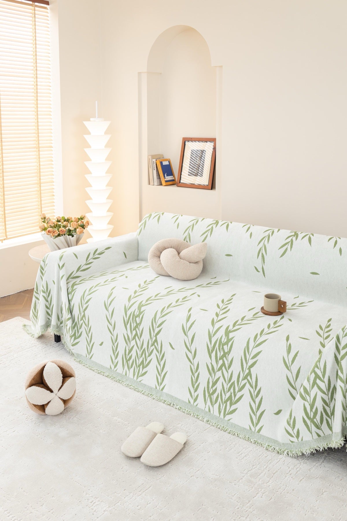 Decor Cedar Oliva Leaf Fringe Sofa Throw Cover in Sage Leaf - leaf pattern sofa throw cover styled couch cover in United States, image 9