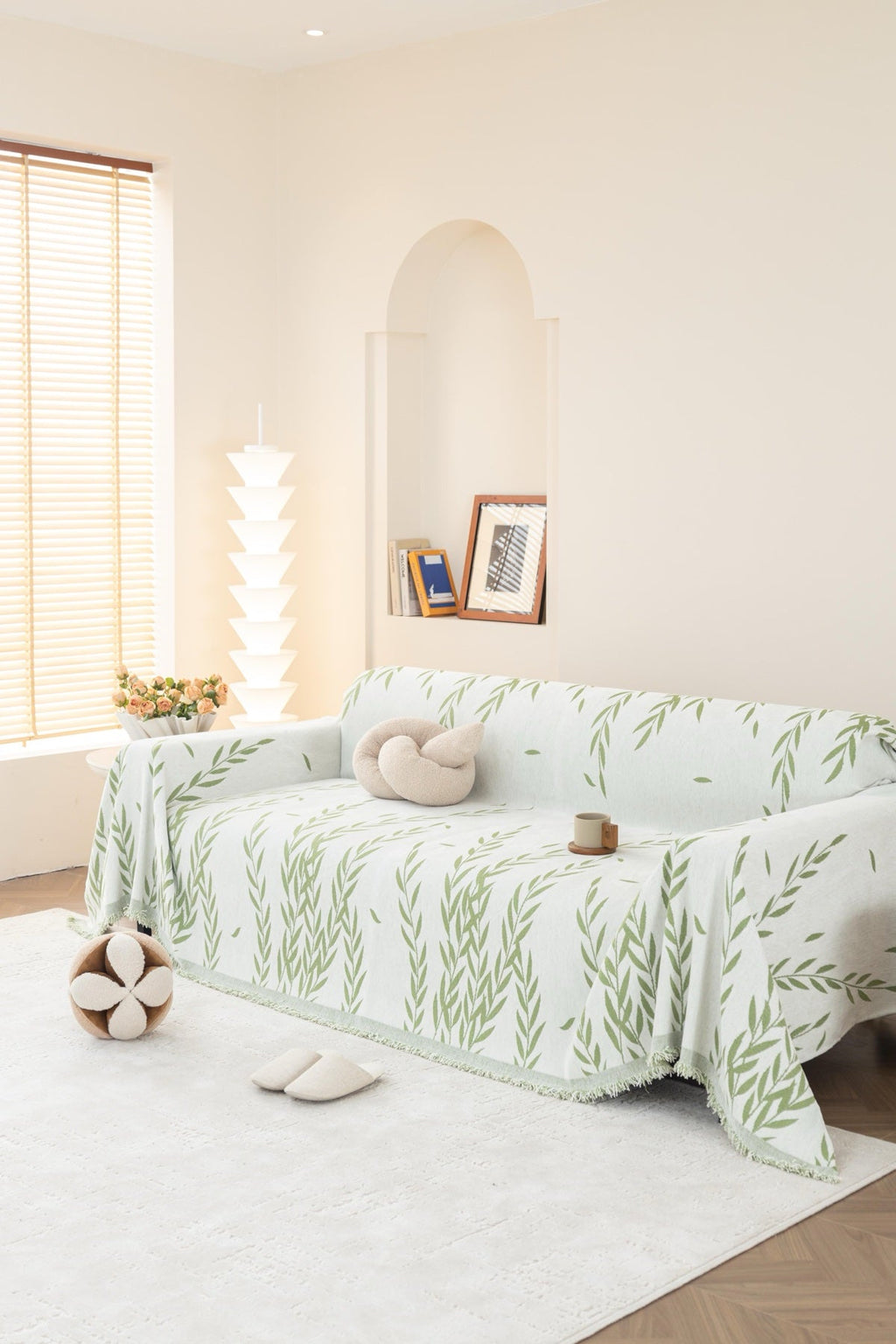 Decor Cedar Oliva Leaf Fringe Sofa Throw Cover in Sage Leaf - leaf pattern sofa throw cover styled couch cover in United States, image 10