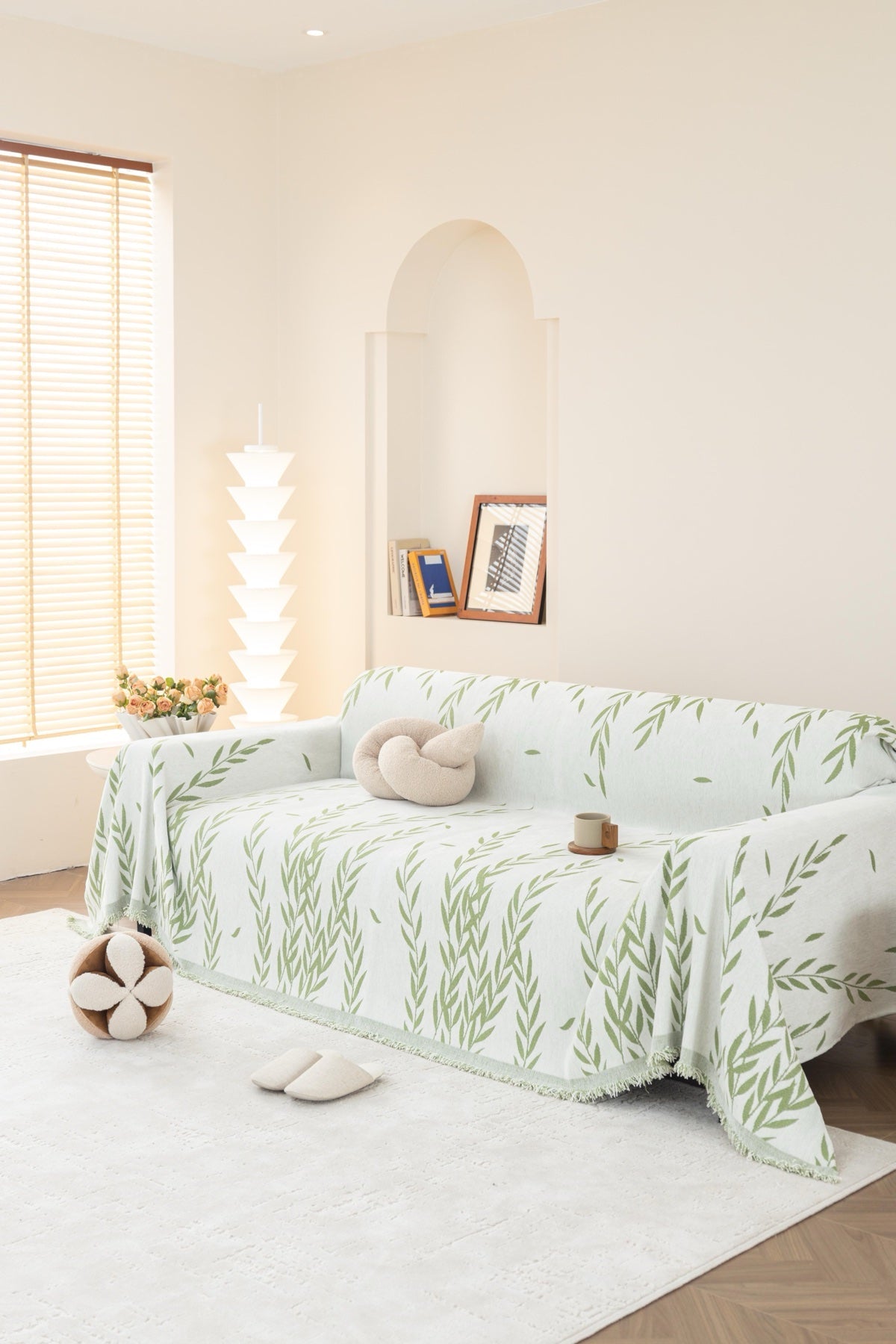 Decor Cedar Oliva Leaf Fringe Sofa Throw Cover in Sage Leaf - leaf pattern sofa throw cover styled couch cover in United States, image 10