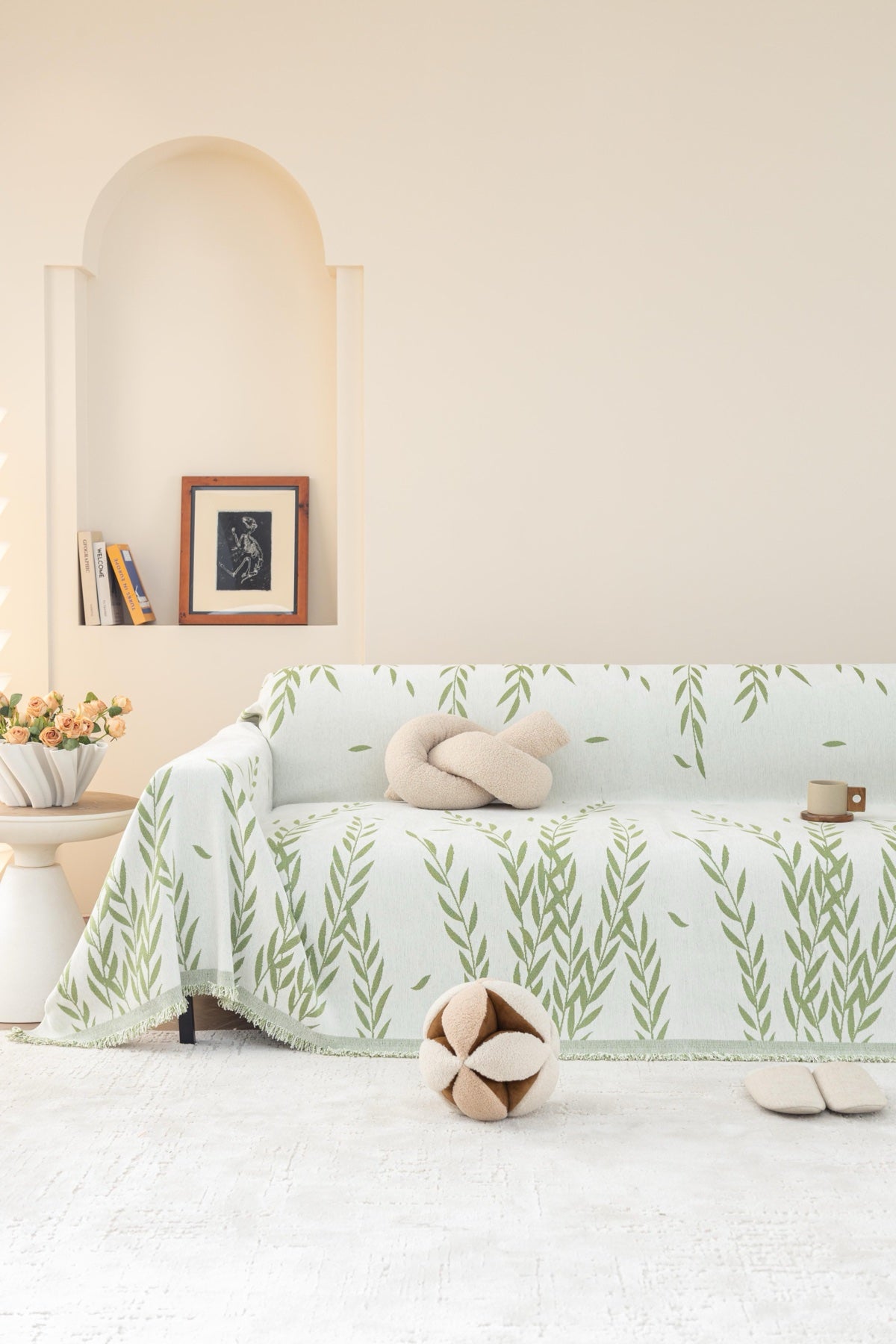 Decor Cedar Oliva Leaf Fringe Sofa Throw Cover in Sage Leaf - leaf pattern sofa throw cover full sofa styling in United States, image 11