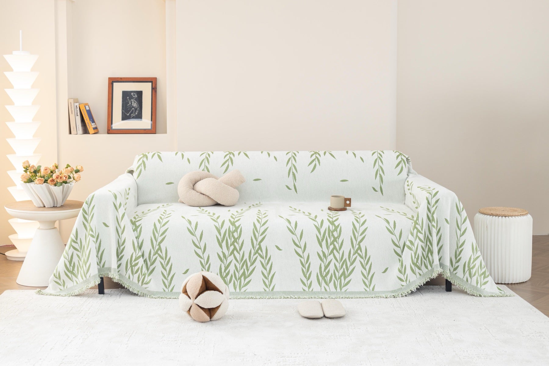 Decor Cedar Oliva Leaf Fringe Sofa Throw Cover in Sage Leaf - leaf pattern sofa throw cover styled couch cover in United States, image 12